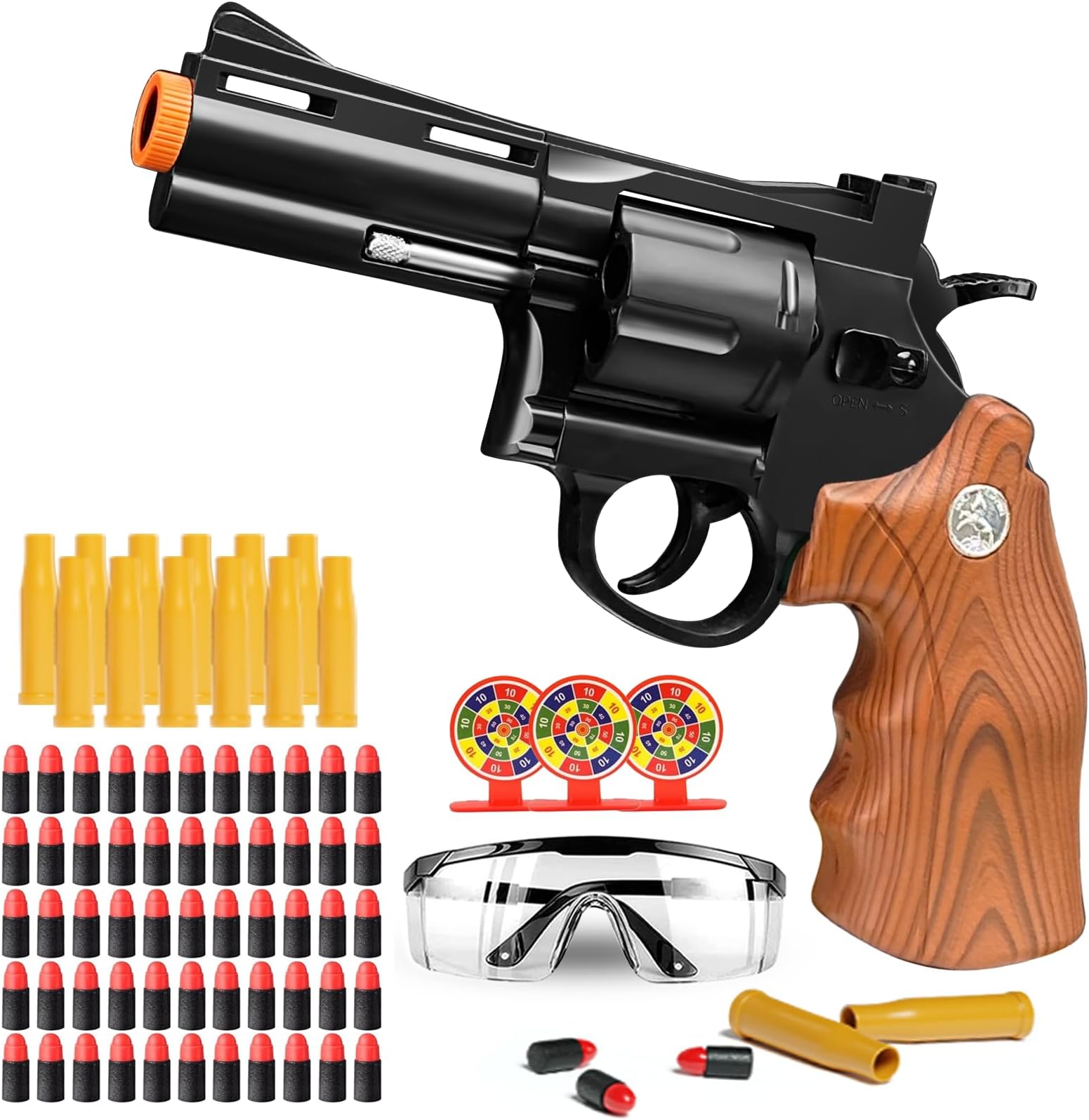 Toy Revolver Gun Shell Ejecting Toy Gun, Toy Gun Pistols with 80 Soft Bullets, 12 Shells, 1 Goggles and 3 Targets, Educational Model Toys Shooting Games Gifts for Boys and Girls, Kids 6+ Years Old