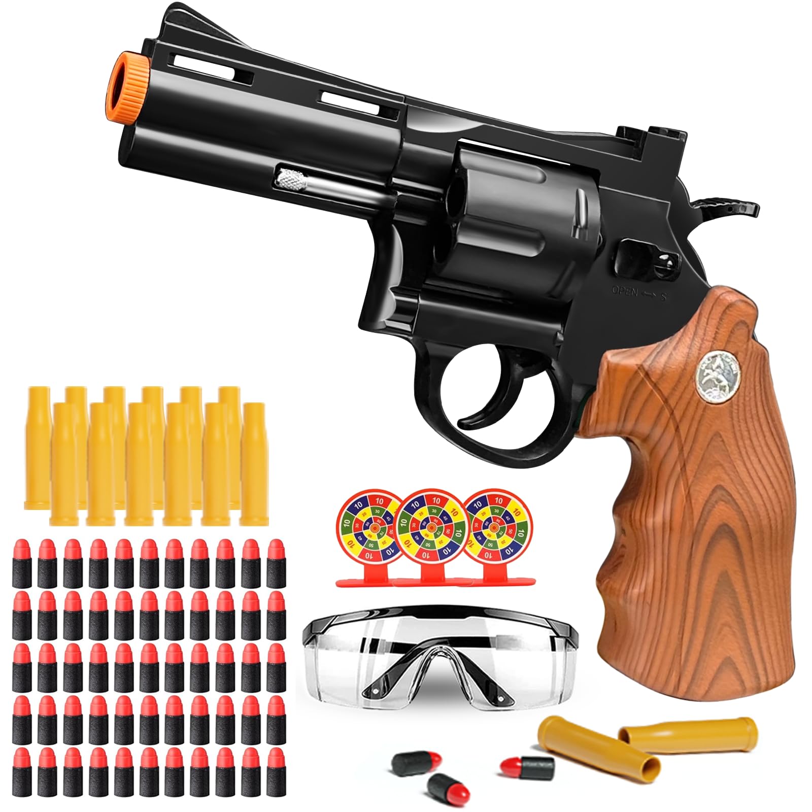 Toy Revolver Gun Shell Ejecting Toy Gun, Toy Gun Pistols with 80 Soft Bullets, 12 Shells, 1 Goggles and 3 Targets, Educational Model Toys Shooting Games Gifts for Boys and Girls, Kids 6+ Years Old