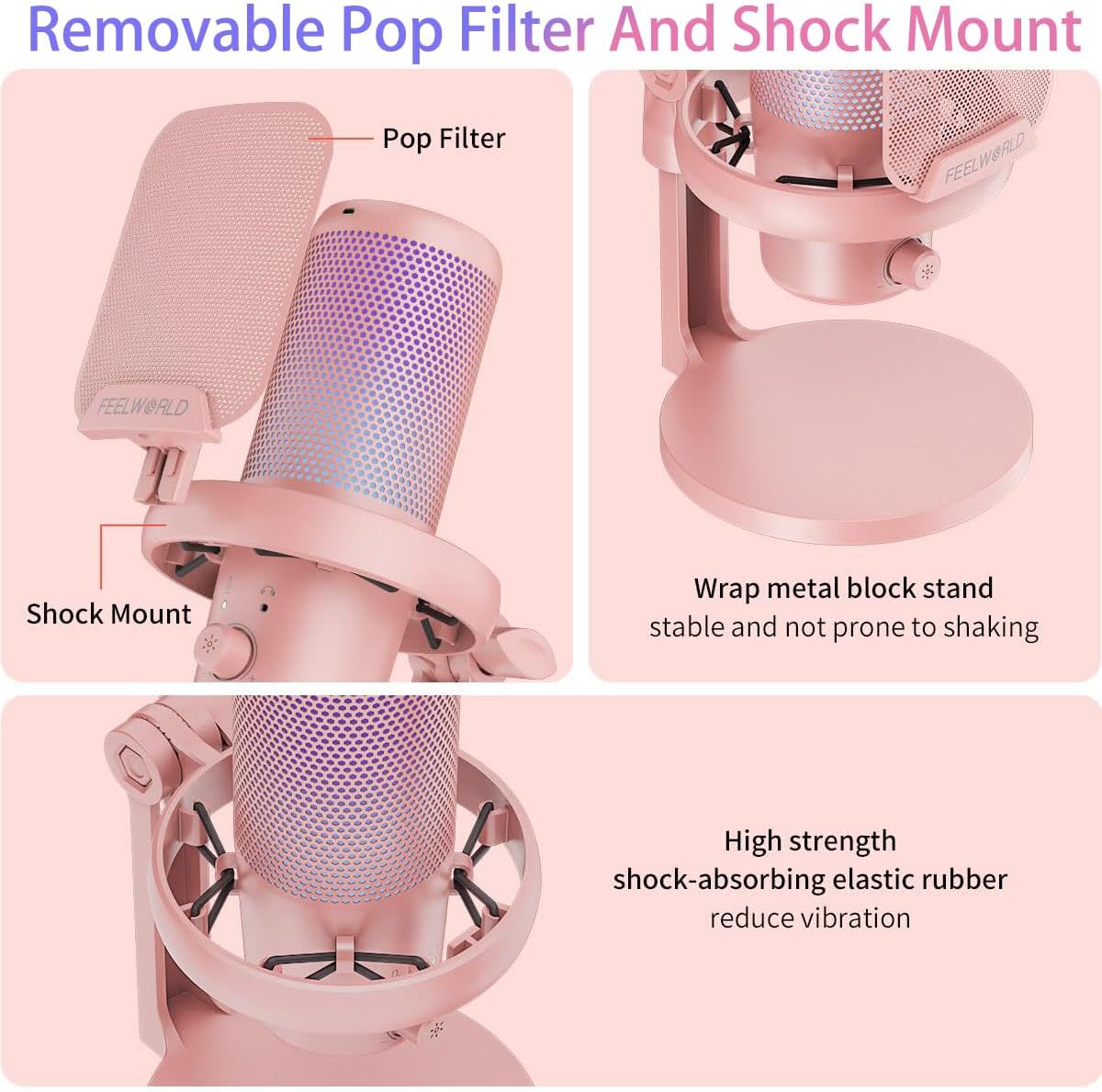 FEELWORLD VM1 USB Condenser Gaming Microphone for Streaming Noise Cancellation Mute RGB Light Desktop Stand Pink