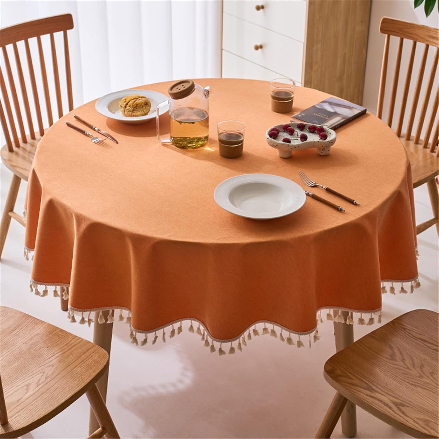 Dimatic Linen Textured Round Tablecloth with Tassel - Waterproof Spill Proof Table Cover for Kitchen Dining Tabletop Decoration, Orange, Round - 70 inch