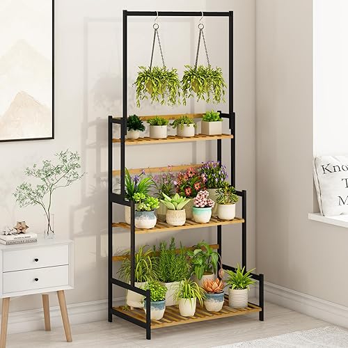 Miniatura 8 de Ufine - Soporte de bambú para plantas colgantes de 3 niveles con estante en escalera y barra colgante. Organizador de altura ajustable para macetas.