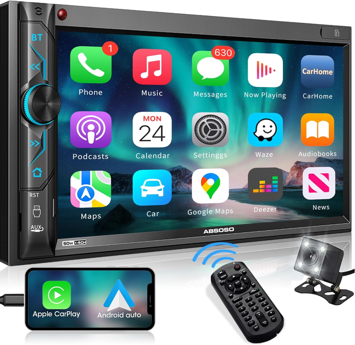 ABSOSO CA70BT stereo main unit with 7-inch touchscreen displaying CarPlay interface.