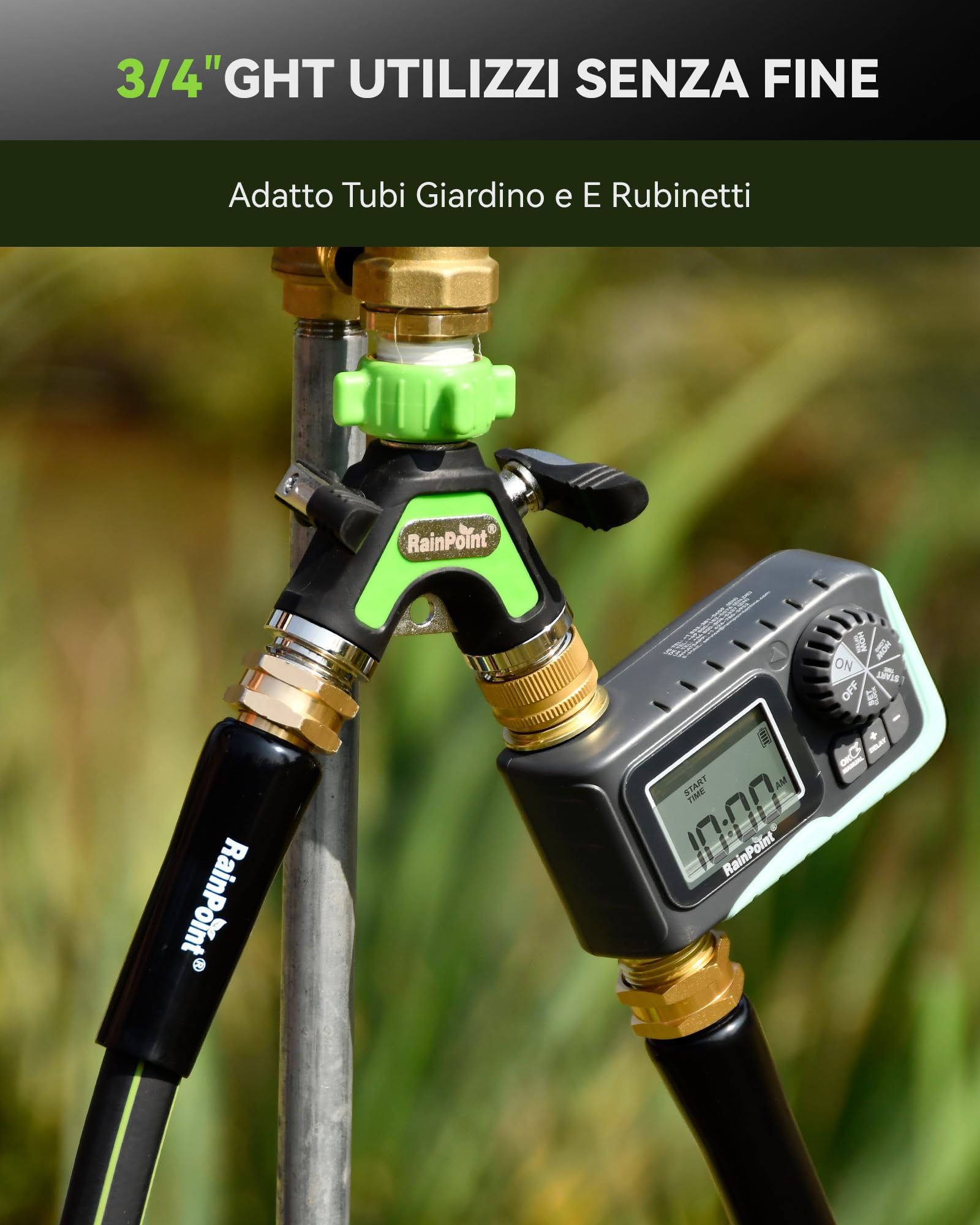 RAINPOINT Deviatore a 2 Vie, Raccordo a Y in Metallo Robusto per Tubo da Giardino con Maniglie Laterali da 5.2cm e Valvole di intercettazione, Divisore Acqua 3/4" e 1/2" per 2 Dispositivi, Verde