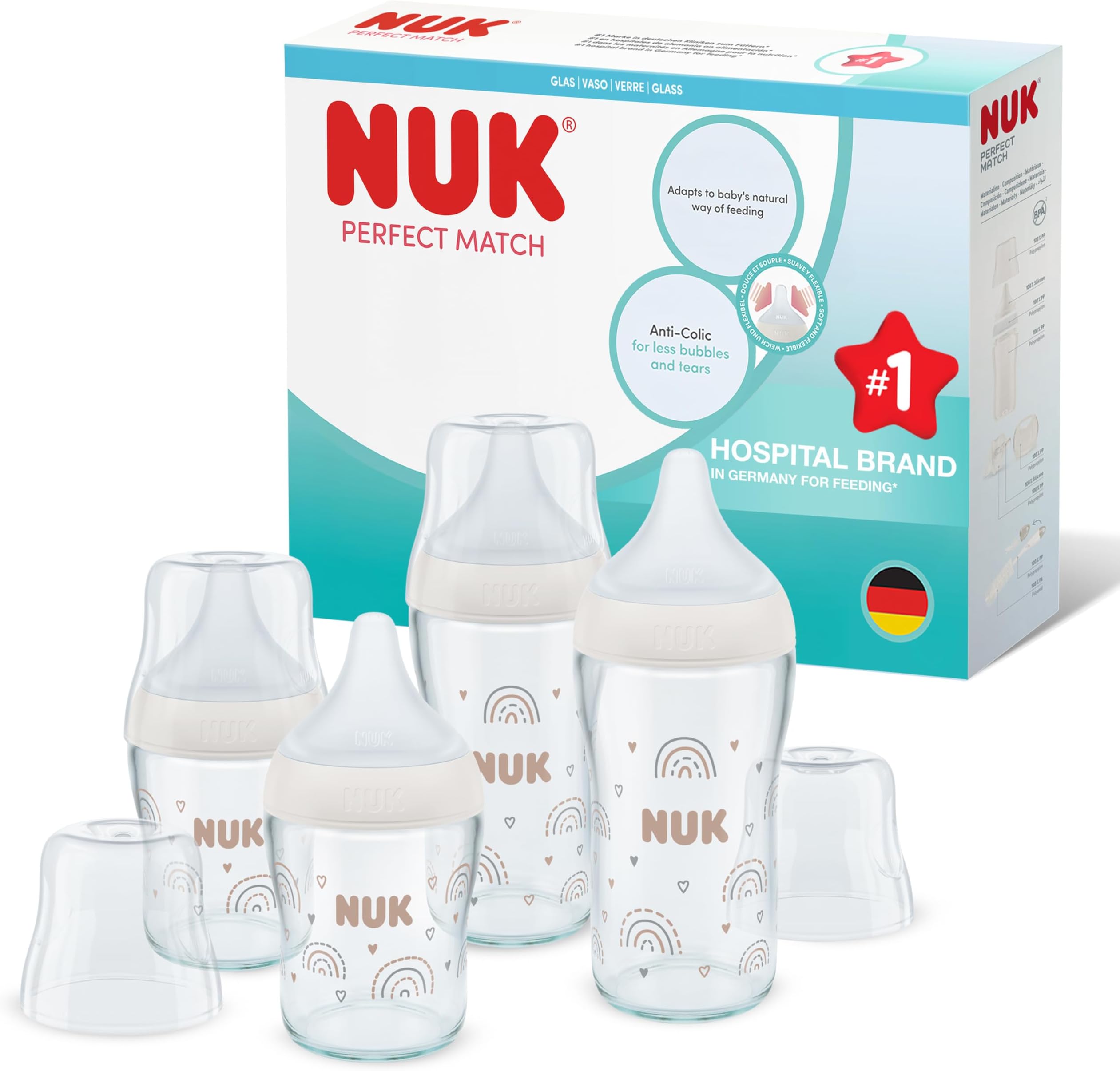 Perfect Match Glass Baby Bottle Set | From 3 Months | Adapts to Baby | Temperature Control | Anti-Colic | 120ml and 230ml | BPA Free | Silicone Teat | Rainbow | Pack of 4