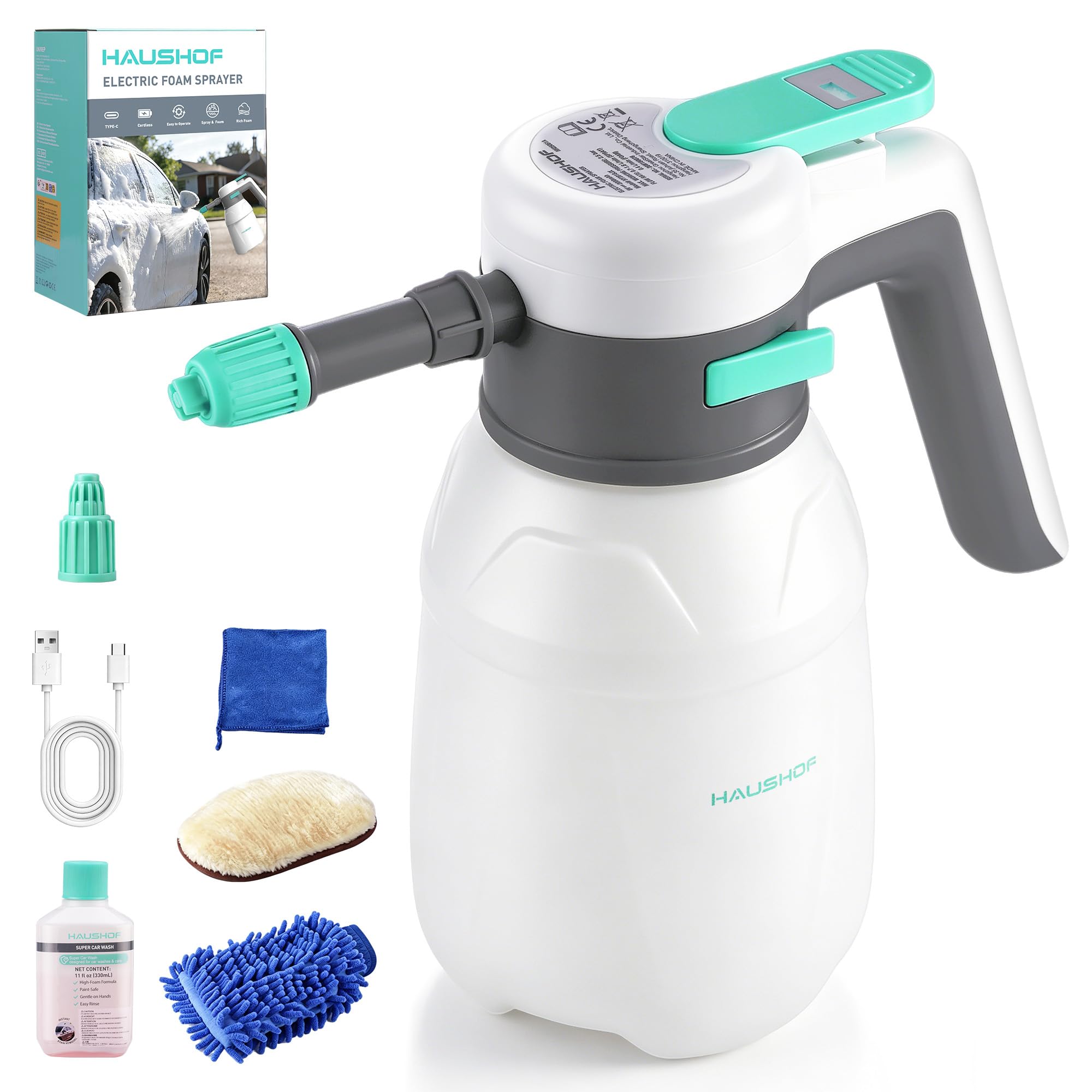 HAUSHOF Pulvérisateur de Mousse Électrique 1,8 L USB-C pour Lavage Auto