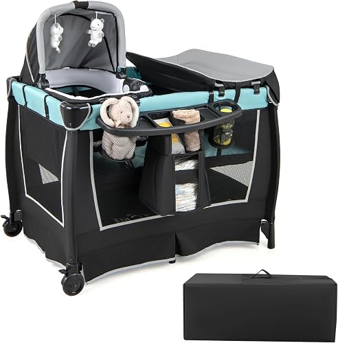6 en 1 Lit Parapluie Bébé avec Matelas & Table à Langer COSTWAY