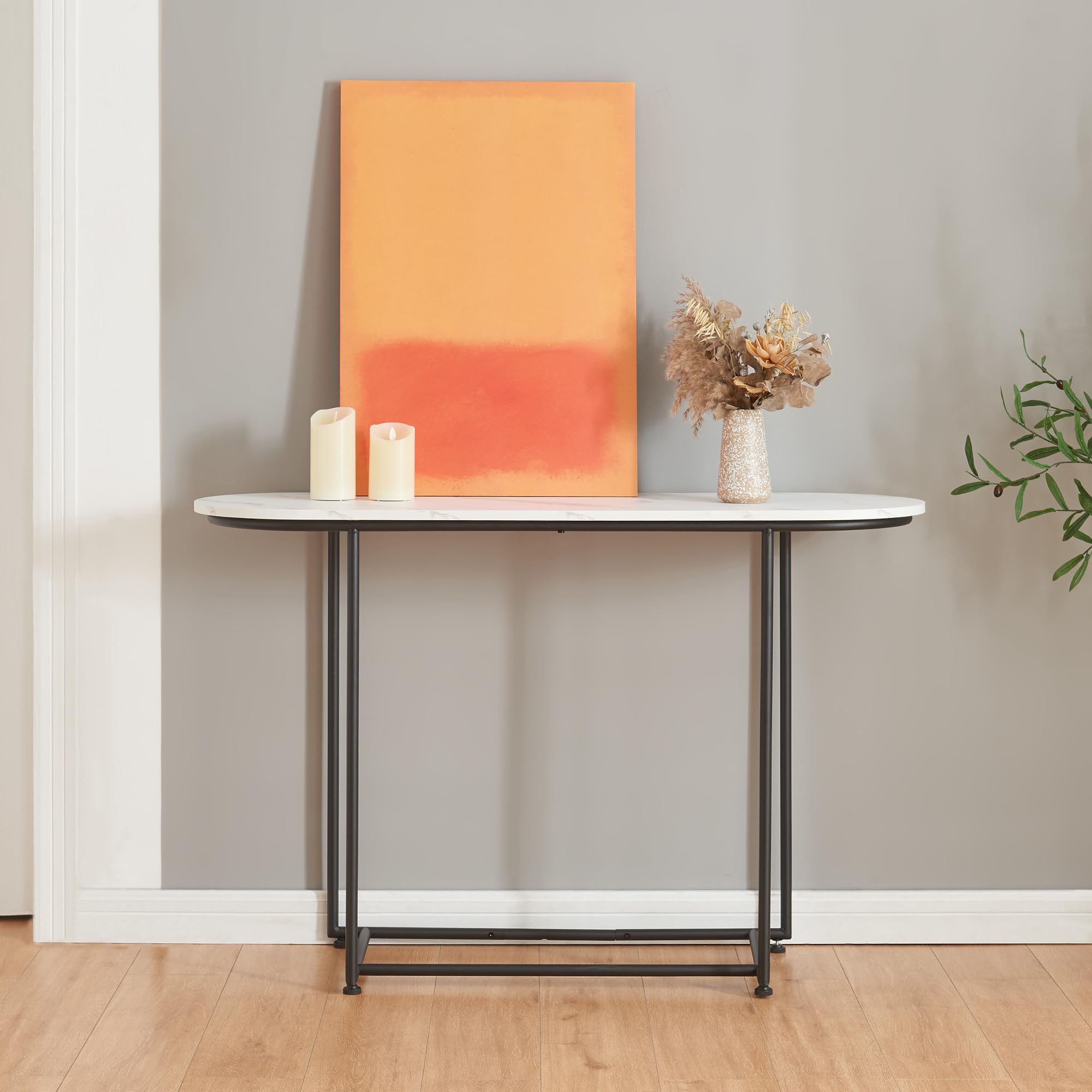 [en.casa] Mesa Consola Nordfron Mueble Recibidor Ovalada Mesa Auxiliar para Salón Pasillo Entrada Dormitorio Estructura Metálica 120 x 40 x 75 cm - Efecto mármol Blanco