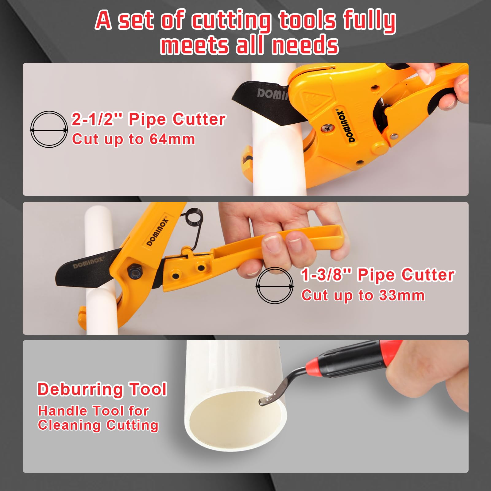Coupe-tube, 64mm (2 1/2'') O.D. + 26 mm + outil d'ébavurage (3 jeux), tuyau de coupe professionnel PEX, PVC et PPR, lame SK5 et corps en alliage d'aluminium