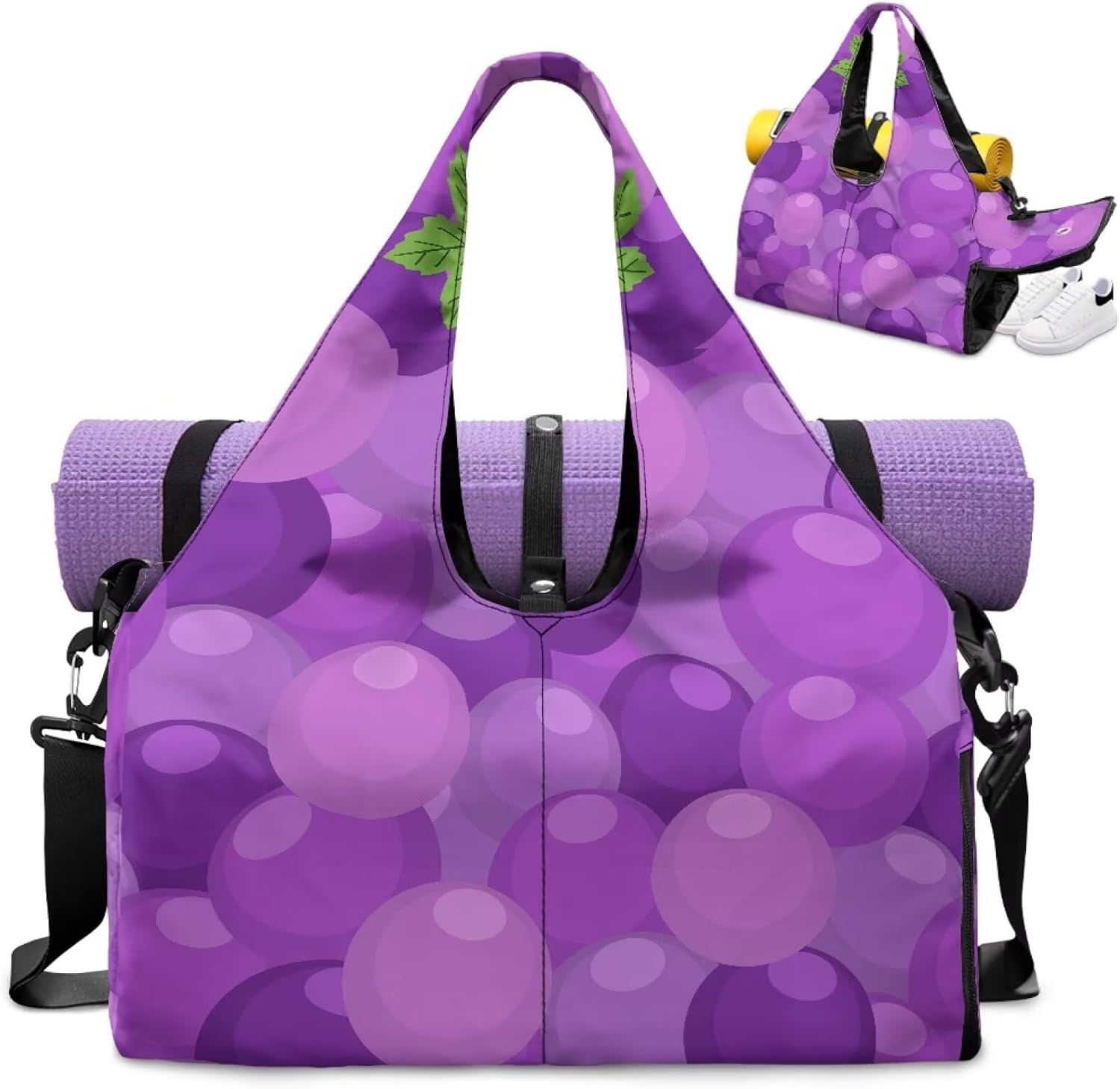 Purple Grape Sports Bag with Shoe Compartment and Yoga Mat Holder for Women, Portable Gym Bag with Wet Pocket Waterproof Fitness Workout Sports Bag