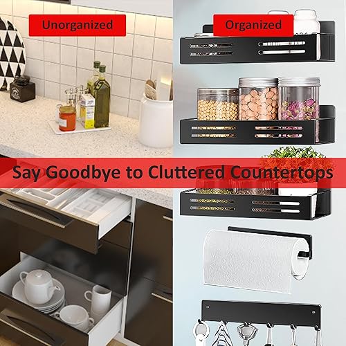 Miniatura 5 de Paquete de 3 organizadores magnéticos para especias para refrigerador con 1 barra de ganchos, organizador magnético para refrigerador con soporte de