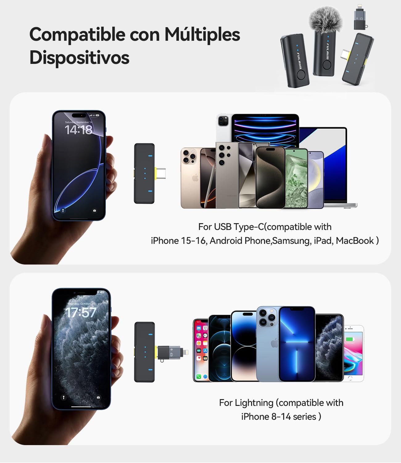FULAIM Microfono Inalambrico para iPhone/teléfonos/Android,Micrófonos Lavalier Inalambricos con cancelación de Ruido, Wireless Microphone para grabación de Video, entrevistas, TikTok y Youtube