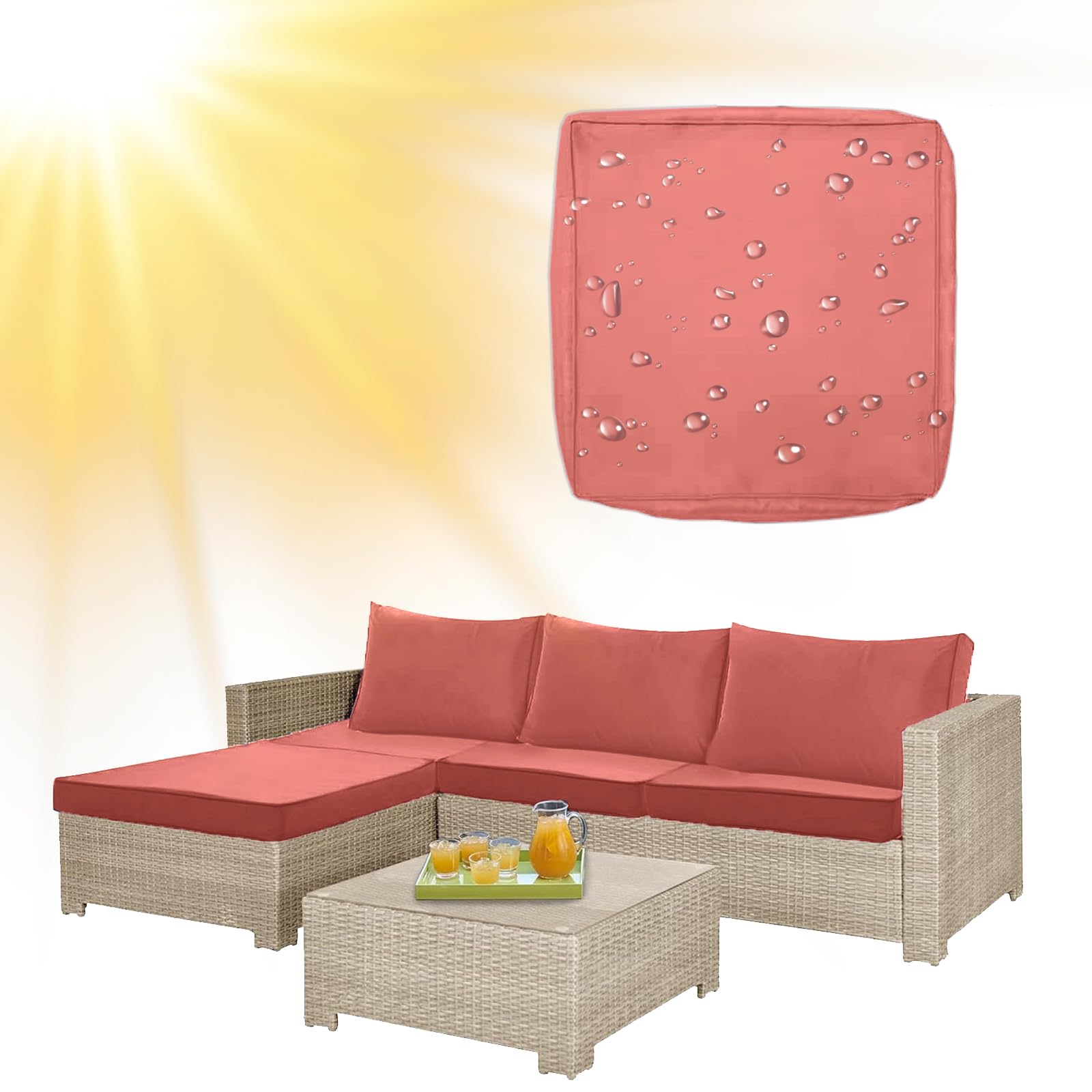 SYLC Water Repellent Patio Cushion Covers UV Resistant Garden Rattan Cushion Covers with Zipper Outdoor Couch Cushion Slipcovers for L Shape/Corner (1 pc 60×55×10 cm,Coral pink)