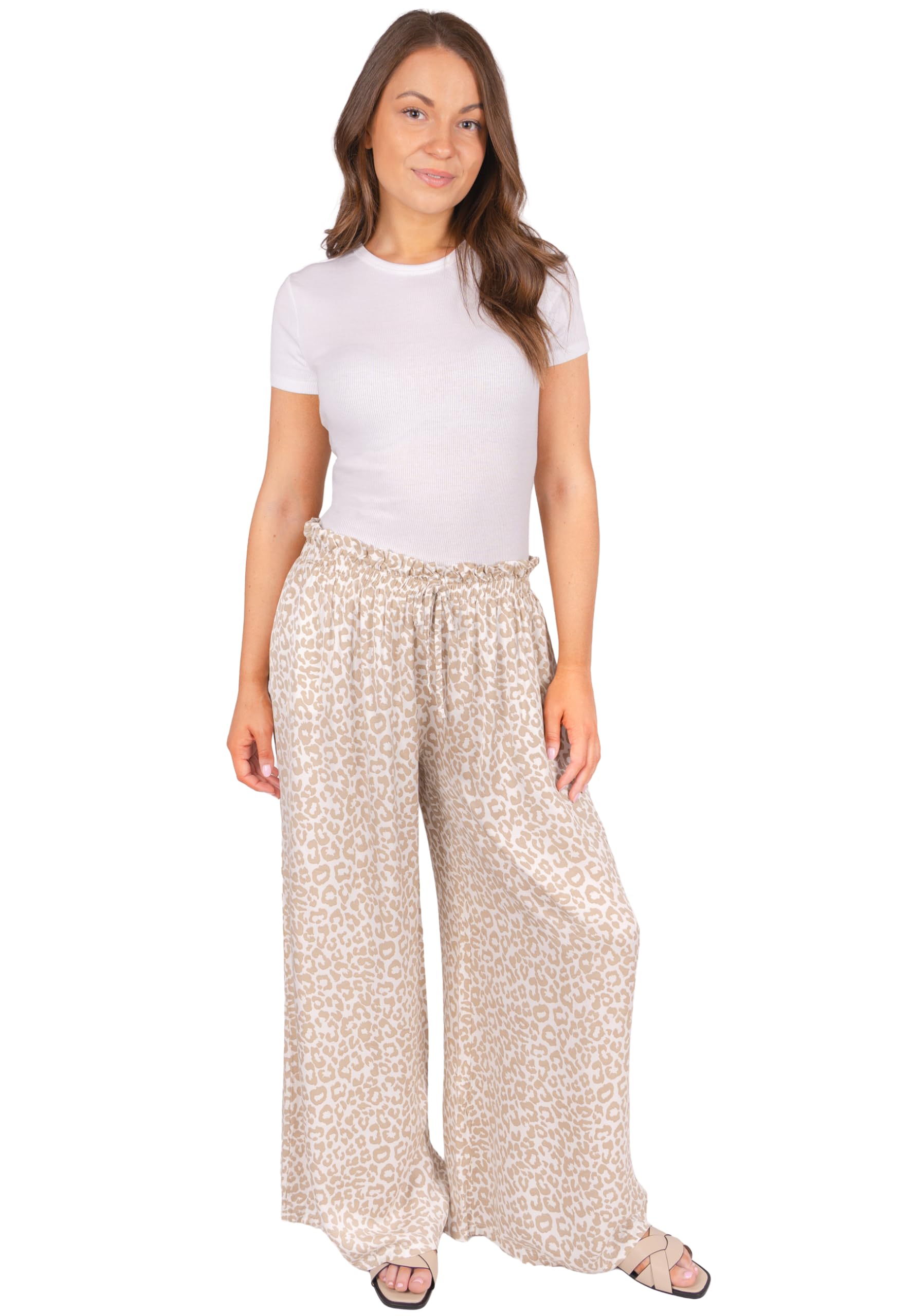 Satinhose Penelope Damen – Palazzo Hose Weit mit Leo Print, High Waist Paperbag-Bund, Elegante Sommerhose OneSize bis Gr. 42