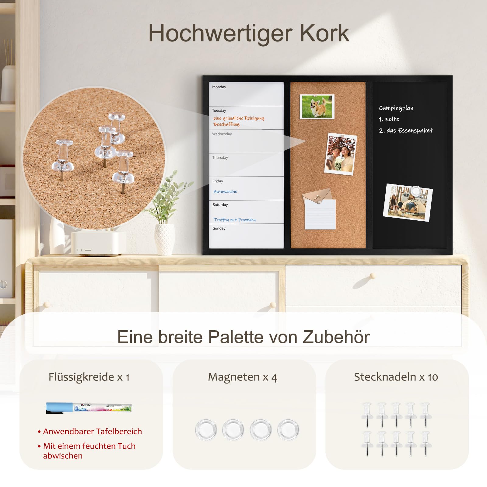 Kombitafel mit Magnetische Kreidetafel Whiteboard Kalender und Pinnwand Kork 50 x 70 cm Pinnwand Küche Magnettafel Memoboard