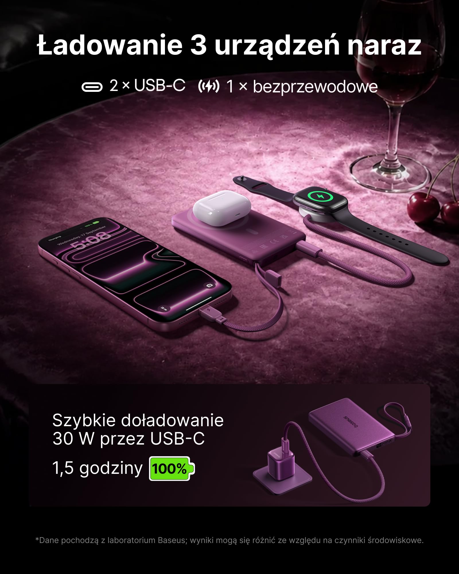 Baseus Picogo AM52 Power Bank, Qi2.2 Magsafe Powerbank 10 000 mAh, bezprzewodowy 25 W, szybkie ładowanie PD 45 W, wbudowany kabel USB C, magnetyczna bateria zewnętrzna do iPhone 18/17/16/15/14/13