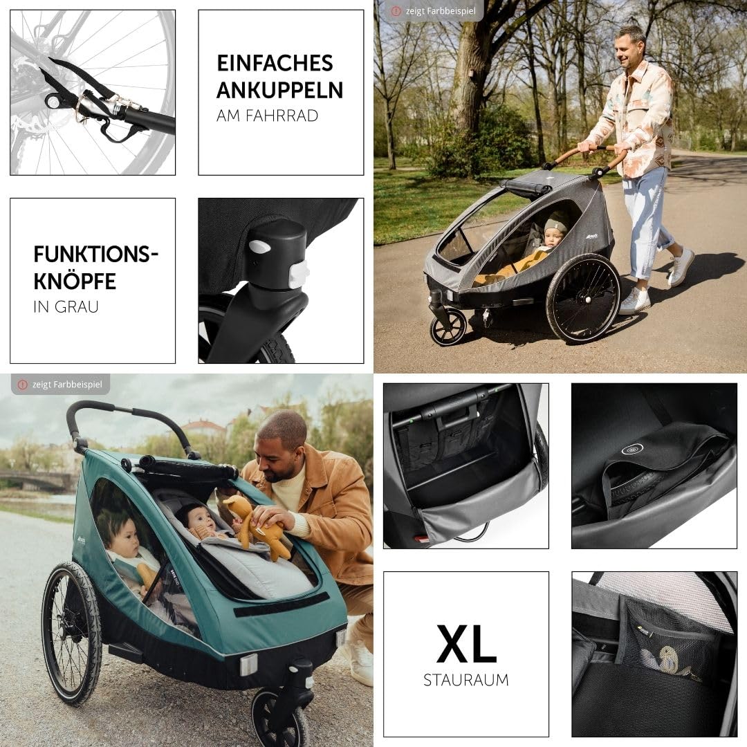 hauck 2in1 Fahrradanhänger Dryk Duo Set inkl. Baby Lounger | Zwillingsanhänger und Kinderwagen für 2 Kinder | faltbar & gefedert, XL Luftreifen