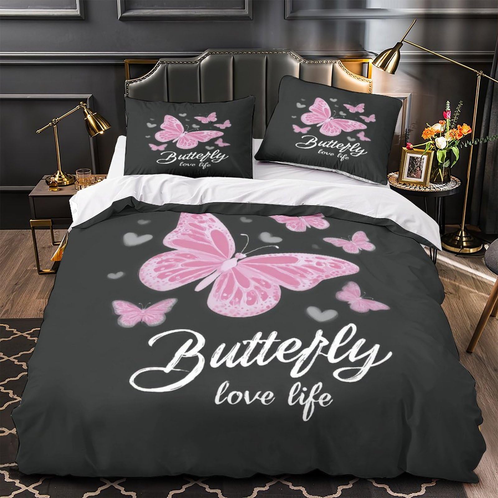 Pink Butterfly Art Comforter Cover 3D Print Hypoallergenic 3PCs Bed Linen Hidden Zipper Duvet Cover Extra Soft Breathable for Teens Youth Adults Women Kids Boys Super king（260x220cm）