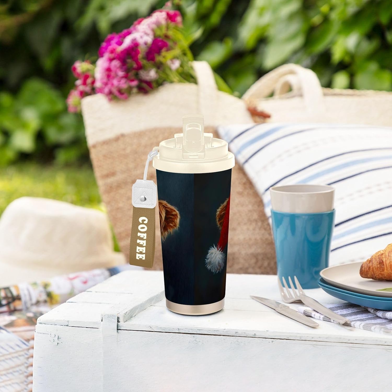 Christmas Hat Cow Insulated Coffee Mug with Straw & Flip Lid, 16.9oz Iced Tumbler Cup, Double Wall Vacuum Leak-Proof Mug for Travel Office