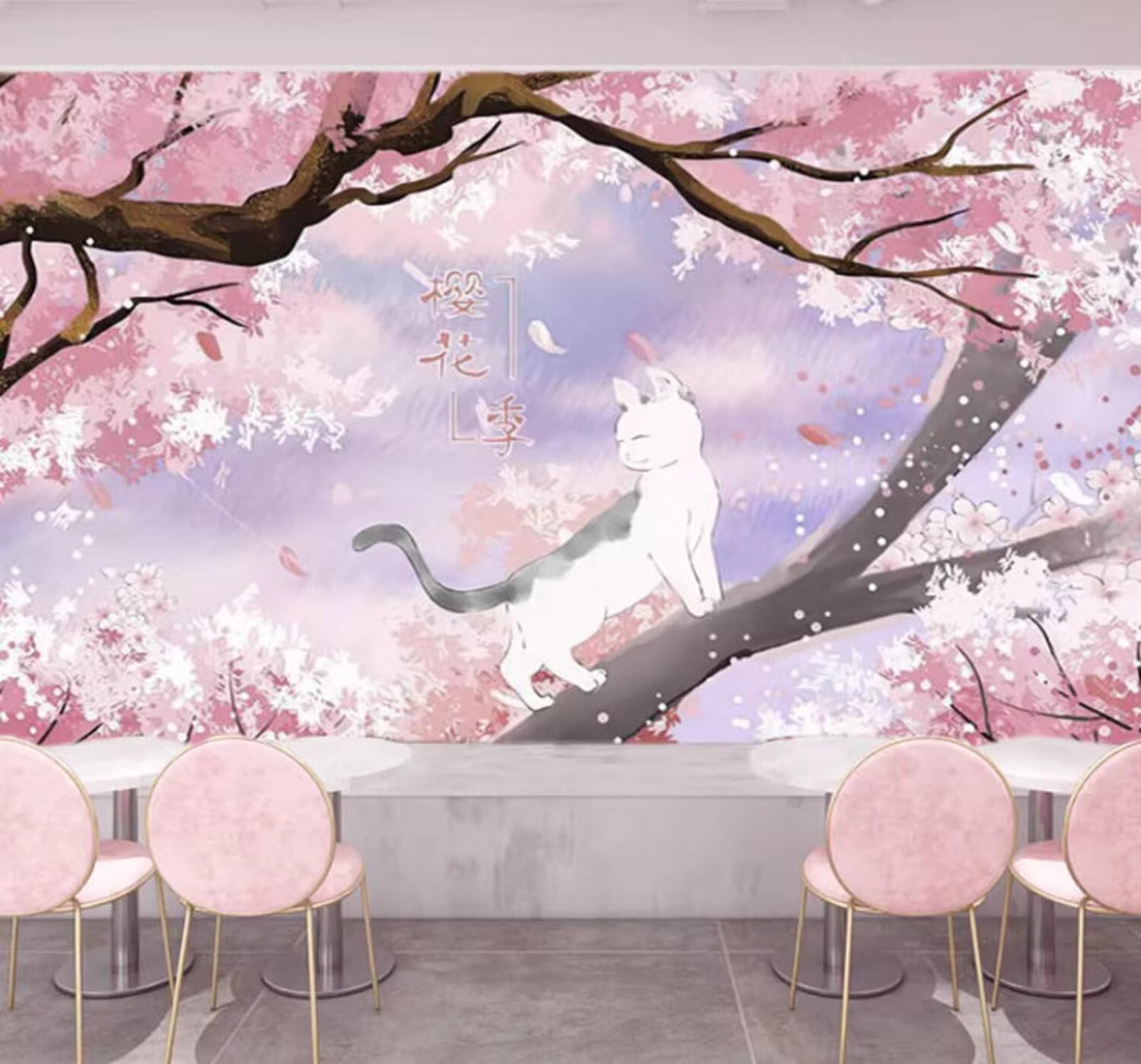 Beautiful Pink Cherry Blossom Tree Kitten Sushi Restaurant 3D Wallpaper Easy Install Feature Office Living Room Sofa Bedroom TV Background Wall Decoration-250cm×170cm