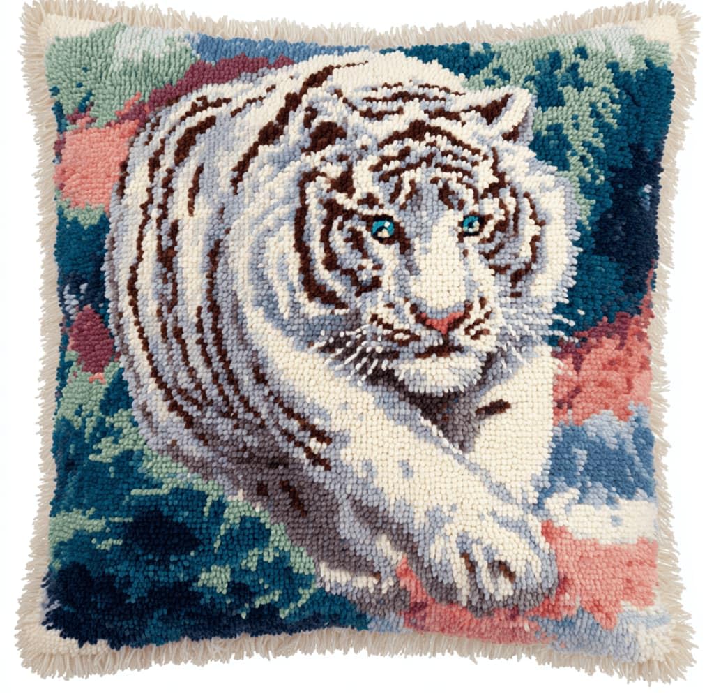 Kitquiver Latch Hook Kits for Adults Tiger Rug Cover Pillowcase Beginner DIY Needlework Embroidery Kits Handmade Set Craft Sofa Home Decor 43X43Cm