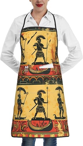 Kitchen Apron With Pockets For Cooking & Grilling, Ancient Greek Warriors Gold Black Grunge Vintage Chef Apron For Women Men, Unisex Adult Bbq Apron For Cooking, Baking, Gardening