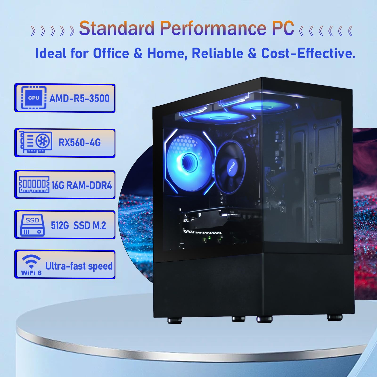 Prebuilt Desktop Gaming PC | Ryzen 5 6Cores 3.6G Up to 4.1G | 16G DDR4 RAM | 512G SSD | RX560 4G Graphics Card | WiFi 6 | Game Computer Tower Black - 4
