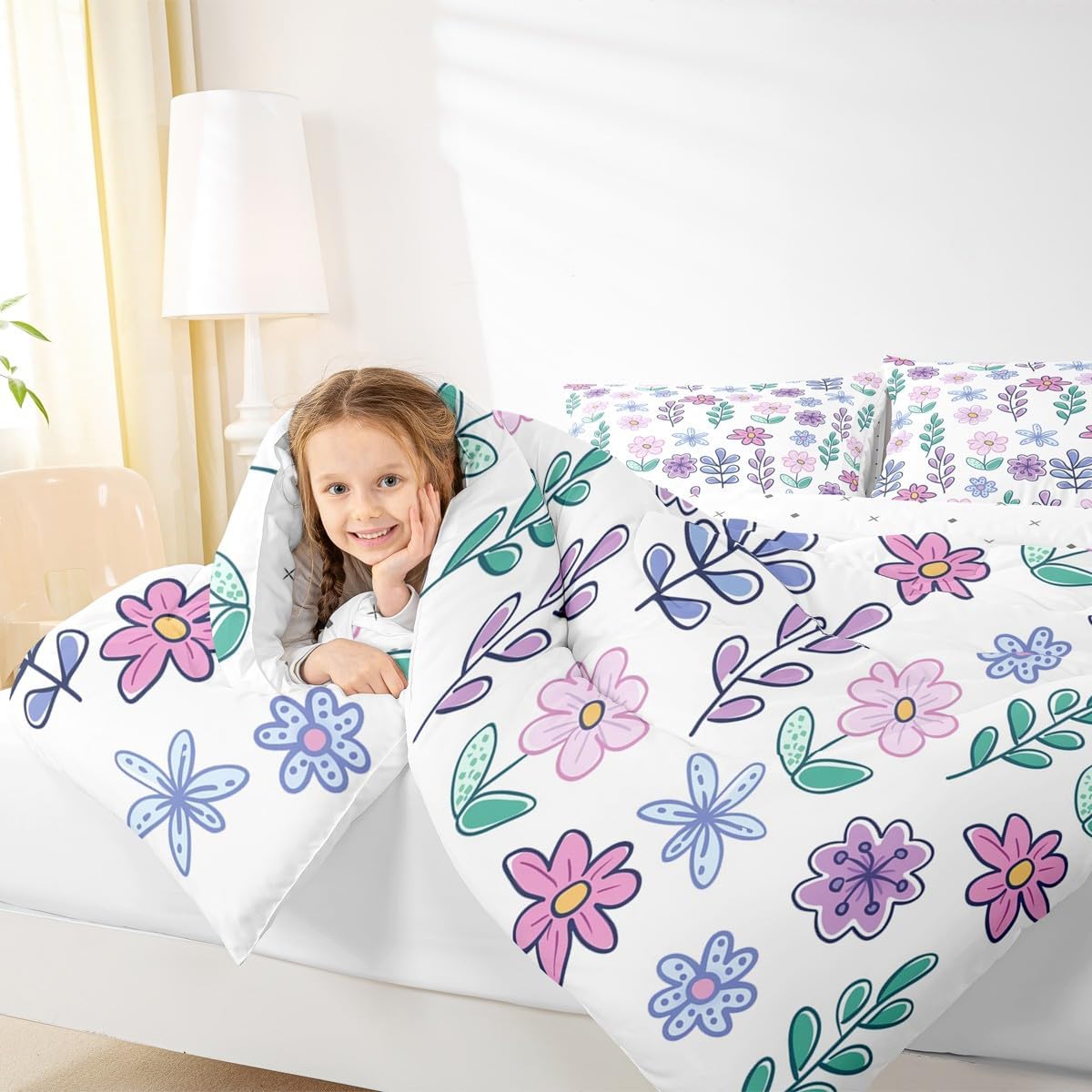 Feelyou Floral Comforter Set Twin Size Plant Bedding Set for Kids Boys Girls Farmhouse Garden Duvet Quilt Cute Bedroom Decor Blue Pink Purple Microfiber 2 Pcs with 1 Pillow Cases