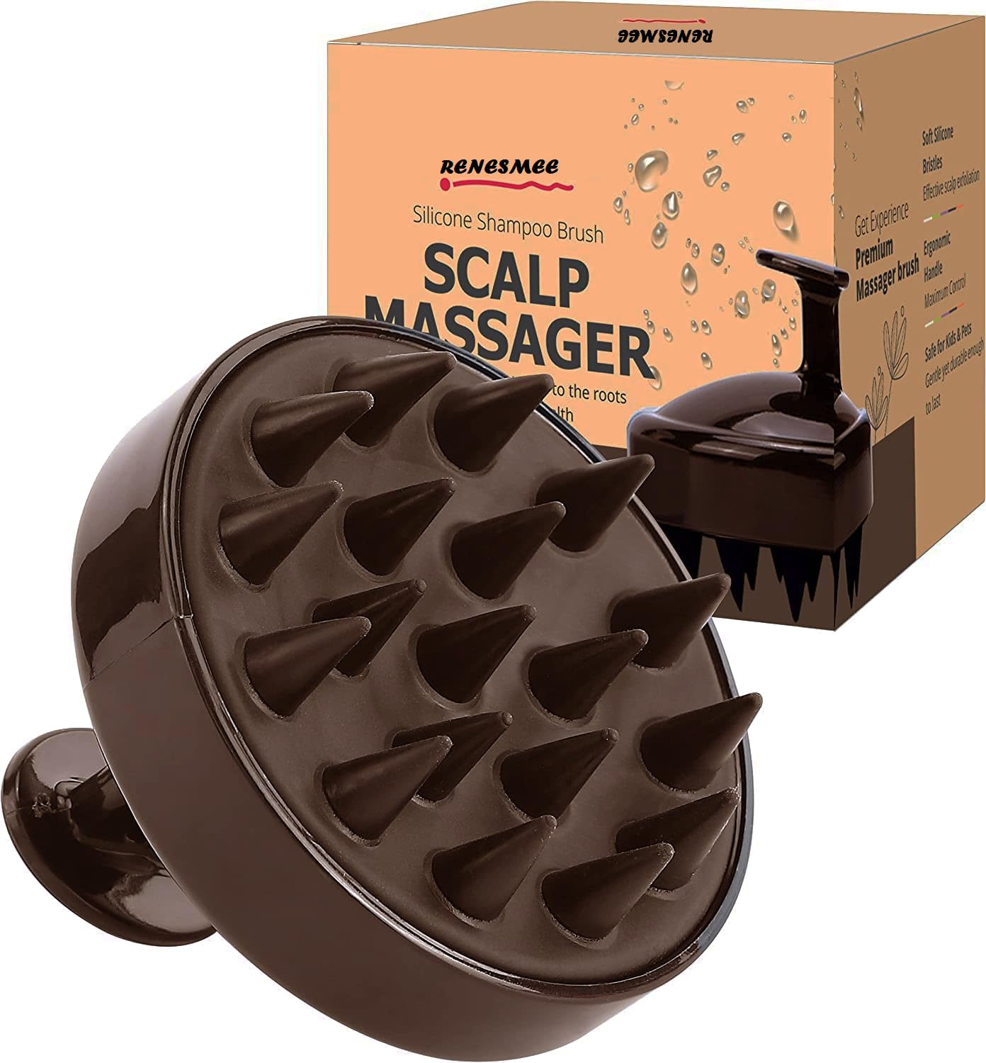 Renesmee Hair Scalp Shampoo Manual Head Massager Brush, Soft Silicone Bristles, Brown