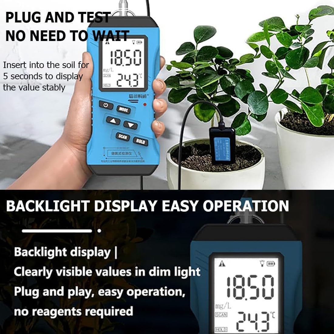 Analizzatore Terreno Digitale 7in1 Professionale, Tester NPK PH umidità Conducibilità con Display LCD Retroilluminato e Data Hold per Giardino, Prato, Fattoria e Piante - Uso Agricolo
