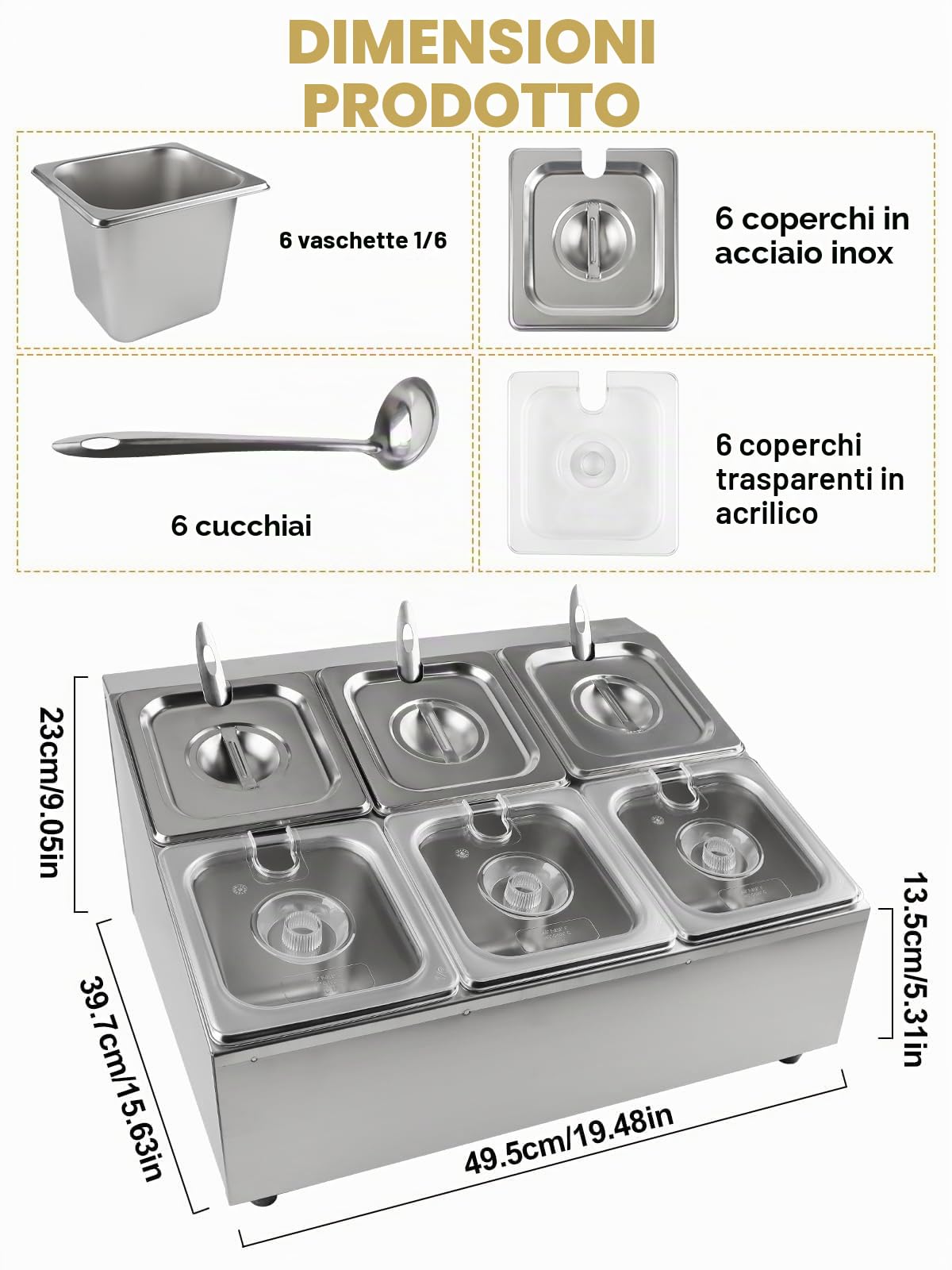 Kalolary 6 teglie Contenitori per Ingredienti 2 File Porta Spezie in Acciaio Inox con Coperchi Cucchiai Supporto Inclinato Bancone Set Contenitori Buffet per Salsa Frutta Ingrediente Cucina Ristorante