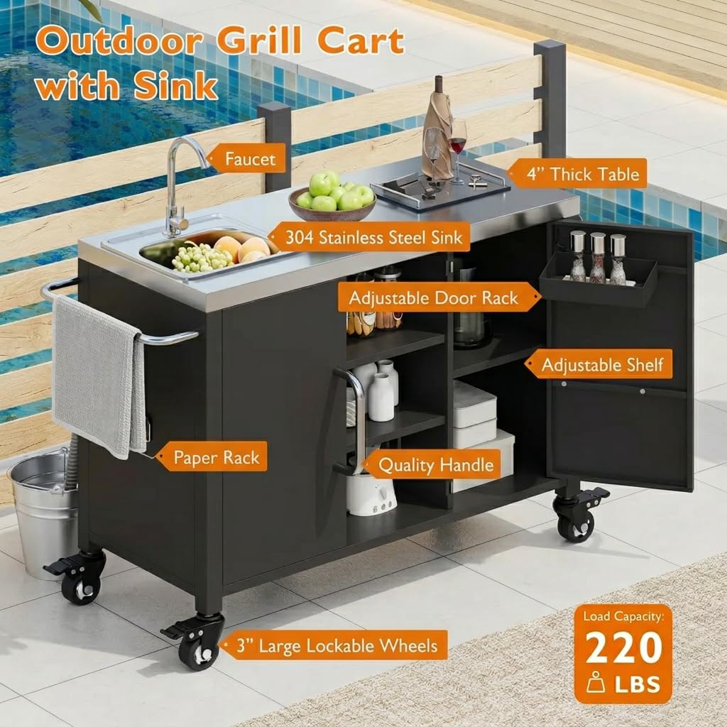Casaphoria 55.5" Outdoor Kitchen Island with Sink, Stainless Steel BBQ Grill Cart & Pizza Oven Table, Portable Bar Station with Lockable Wheels for Patio Lawn Garden