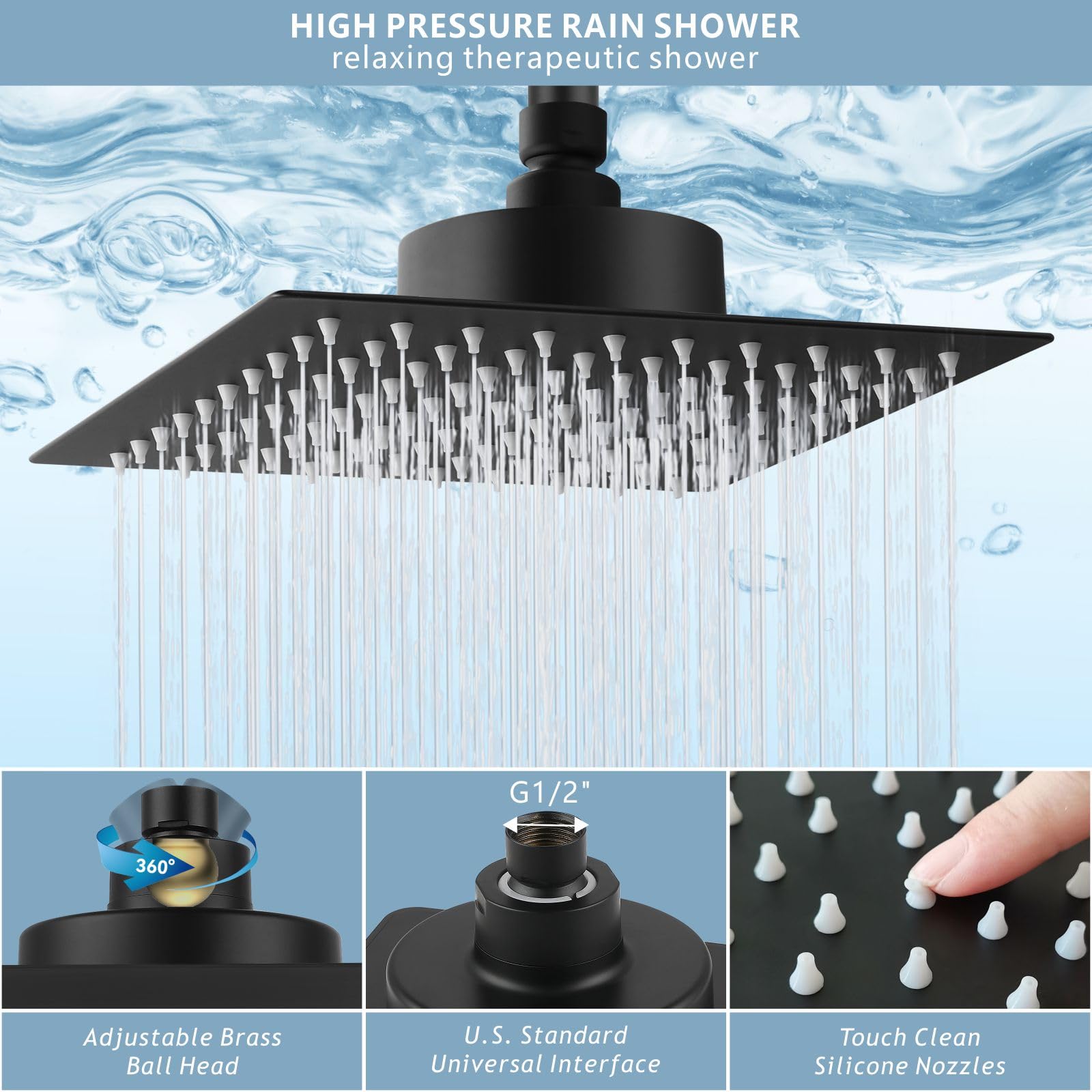 Nuodan High Pressure Rain Shower Head With Filter - 12 Inch Square, Matte Black, Removes Chlorine & Heavy Metals
