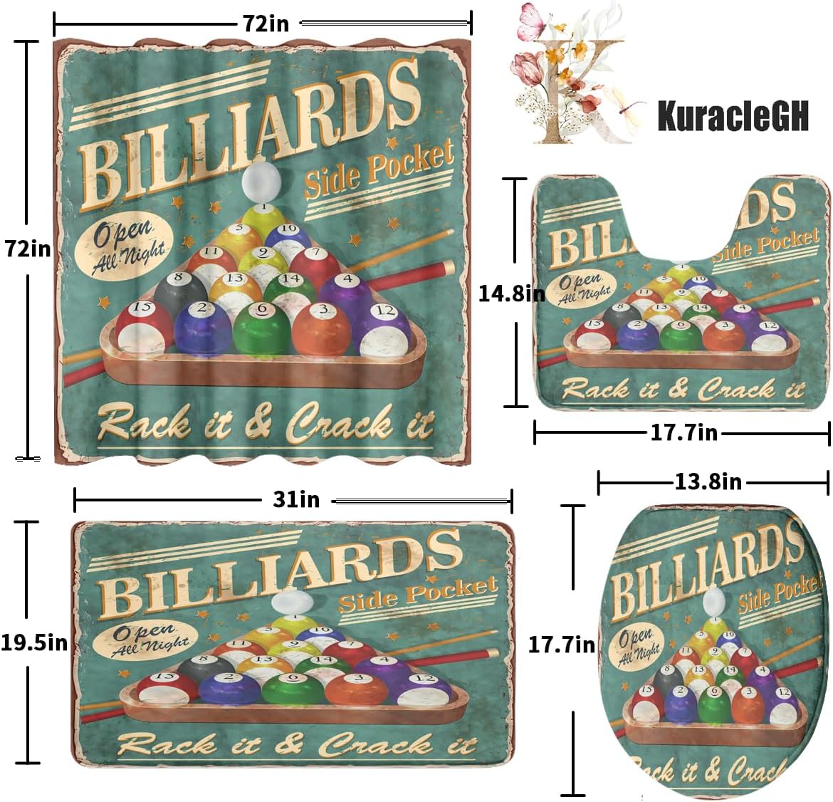 Vintage Snooker Billiards Shower Curtain Sets 4 Pcs,Retro Rustic 1950s Game Sports Theme Billiard Pool Balls Bathroom Decor with Rugs Include Waterproof Non-Slip Toilet Lid Cover Bath Mat