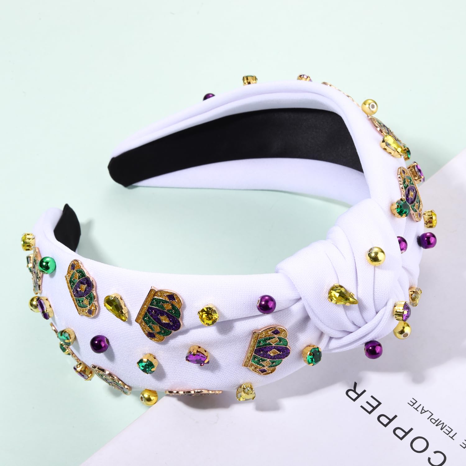 Mardi Gras Headbands for Women Crown Mask Headband Gree Purple Gold Rhinestone Crystal Knotted Headband Mardi Gras Accessories Fat Tuesday Outfits Parade Pary Favors (Crown 1 - White) - Image 5