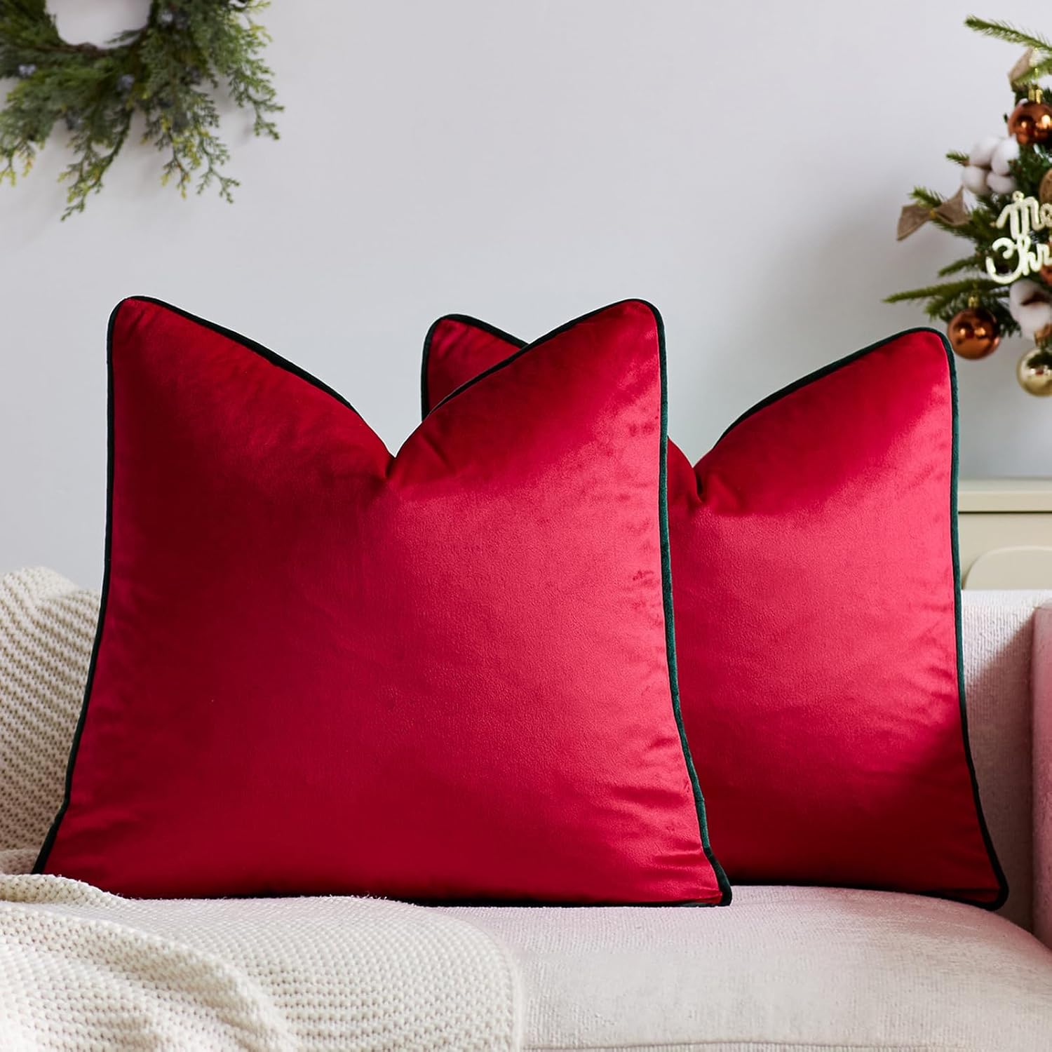 HOSTECCO Red Holiday Throw Pillow Covers 20x20 inch Set of 2 Christmas Throw Pillows Red Velvet Xmas Cushion Covers for Home Decor