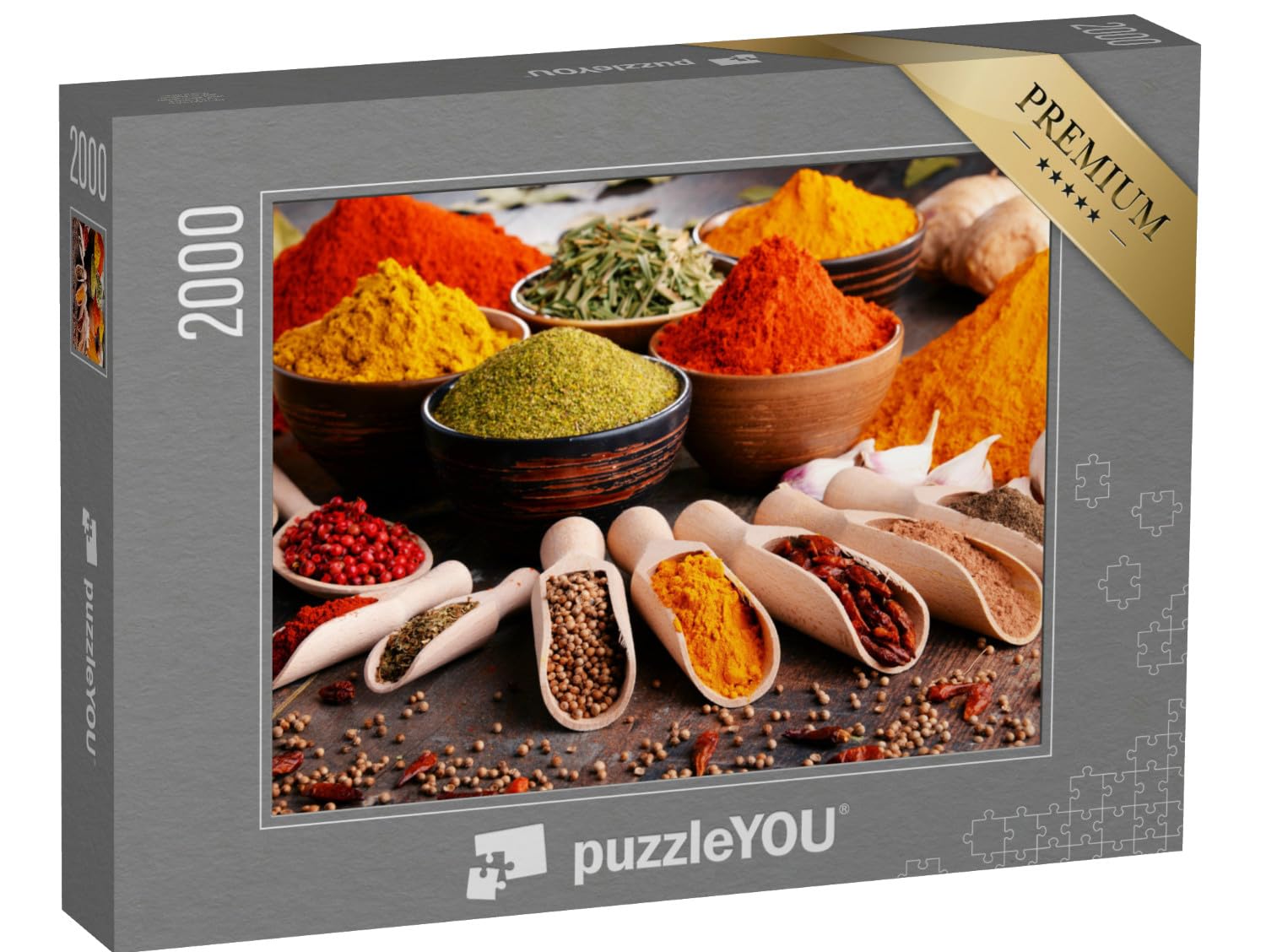 puzzleYOU: Puzzle 2000 Teile „Eine Vielzahl von Gewürzen und Kräutern auf dem Küchentisch“ – aus der Puzzle-Kollektion Gewürze, Essen und Trinken