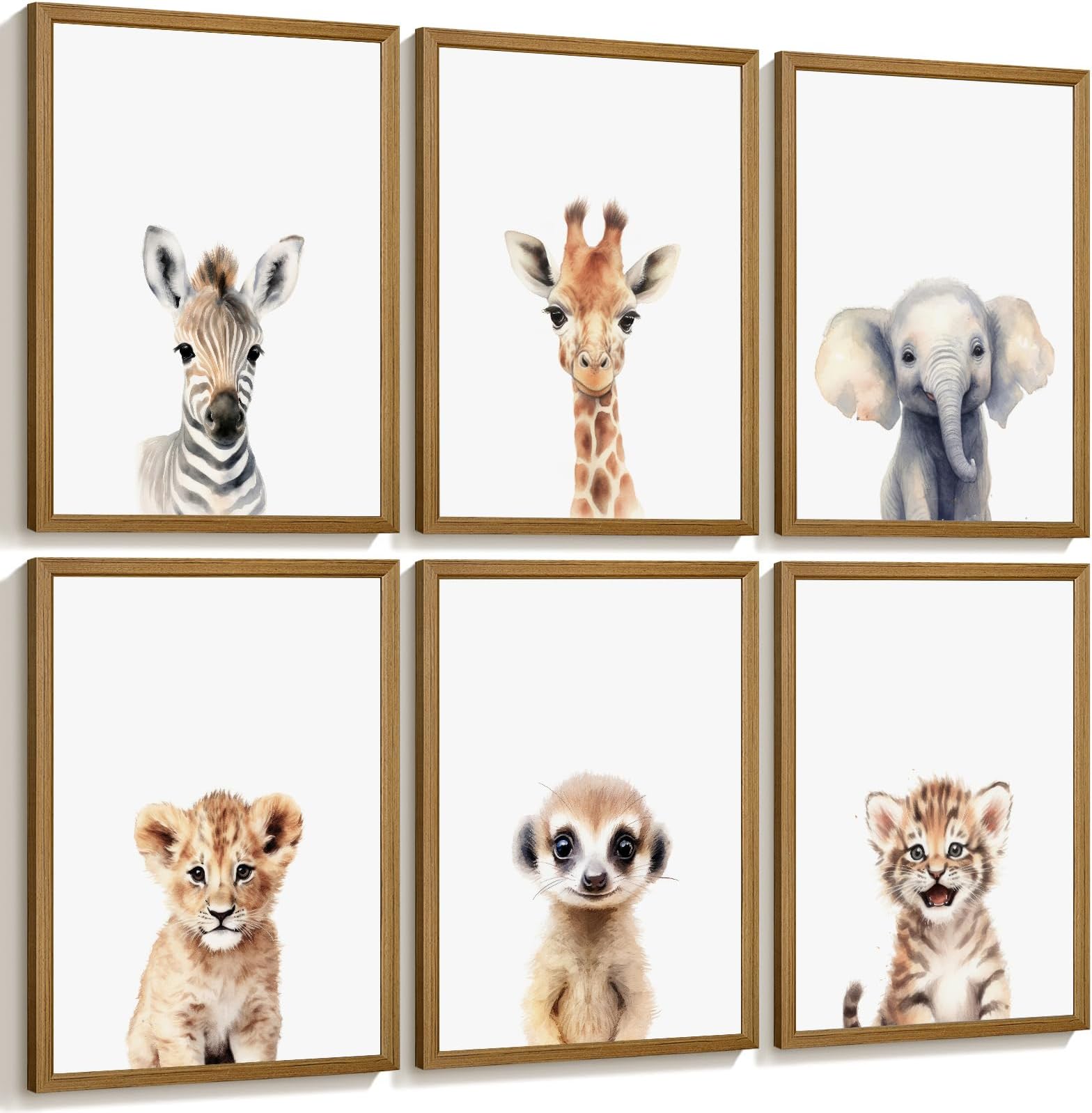 Safari Nursery Wall Art Decor Set of 6 Baby Animal Wall Art Kids Canvas Wall Art Safari Nursery Pictures Jungle Animal Prints Baby Boy Art Giraffe Painting for Room Bedroom 8x10 Inch Framed