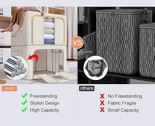 Miniatura 6 de GGPH Paquete de 2 bolsas de almacenamiento plegables para mantas con marco de acero, contenedores de almacenamiento para organizar el dormitorio,