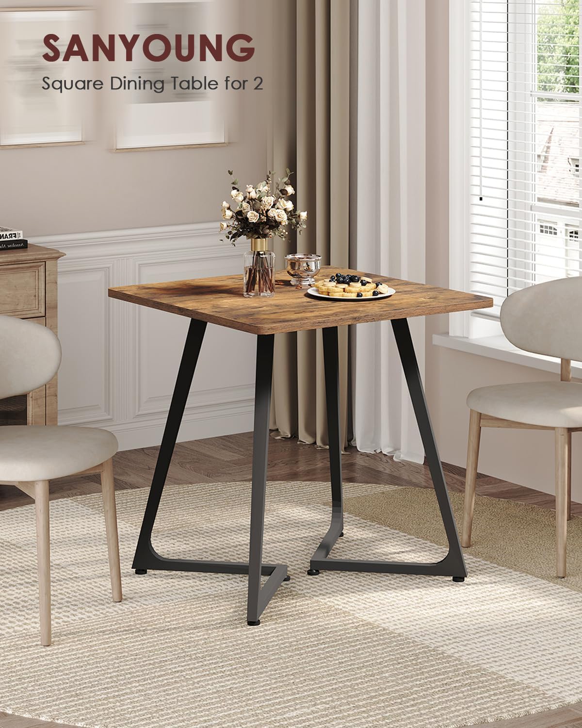 Small Dining Table, 29.5" Square Dining Table for 2 People, Farmhouse Kitchen Table with Wood Legs for Small Space, Living Room, Apartment, Rustic Brown and Black