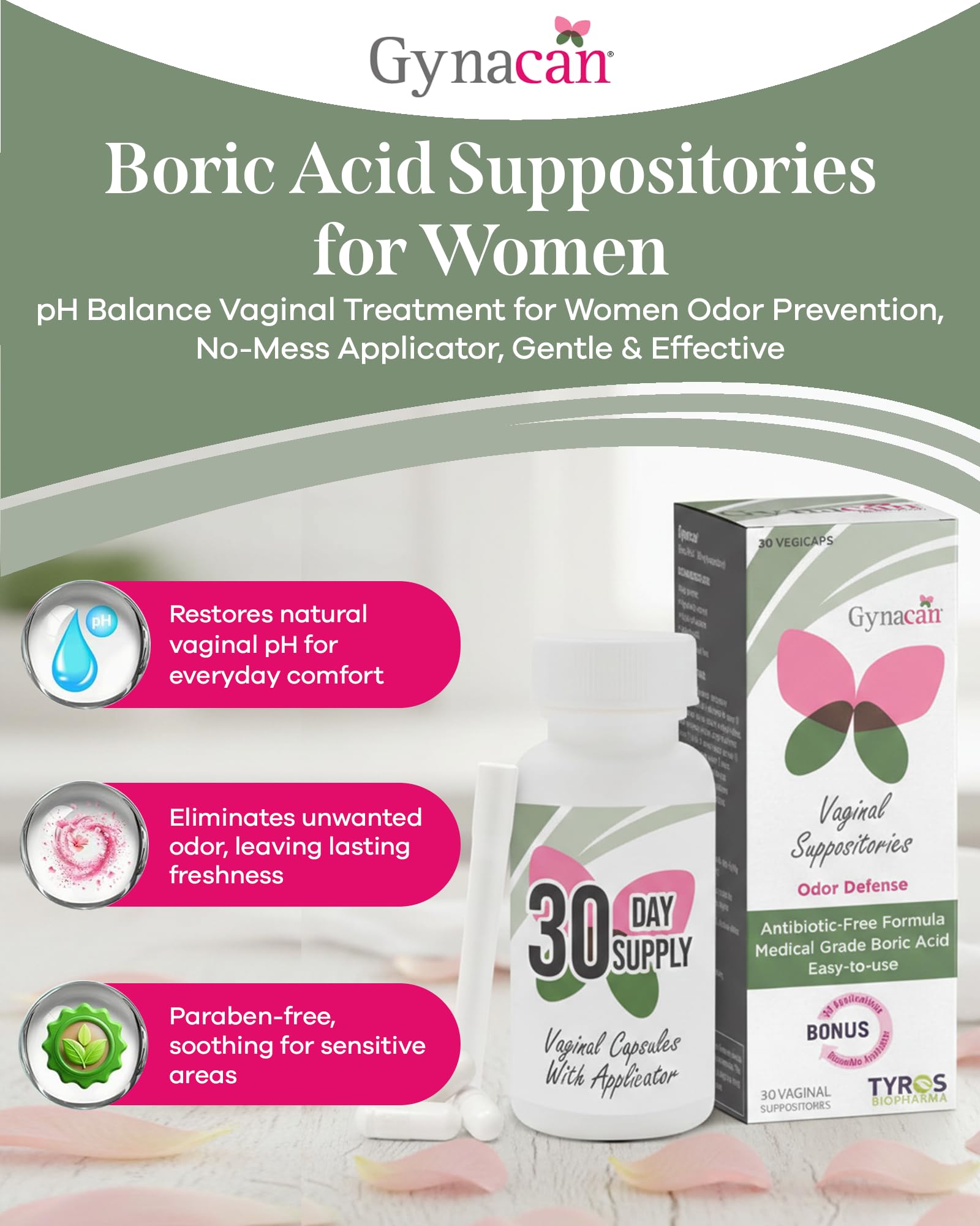 Boric Acid Vaginal Suppositories Advanced Feminine pH Balance Support, Odor Control & Itch Relief, Pure & Gentle Intimate Care, Easy-Insert Applicator