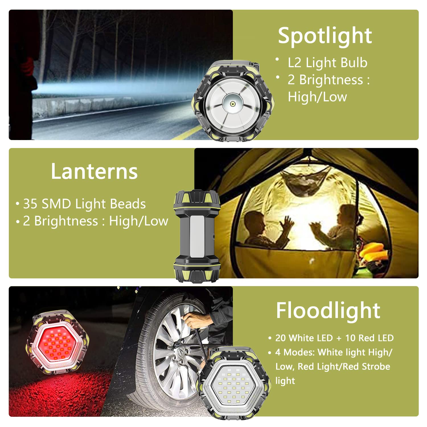Lanterna da campeggio ricaricabile, 8 modalità, torcia a LED luminosa, 4800 mAh, impermeabile, lanterna di emergenza per esterni, uragano, cavo USB incluso