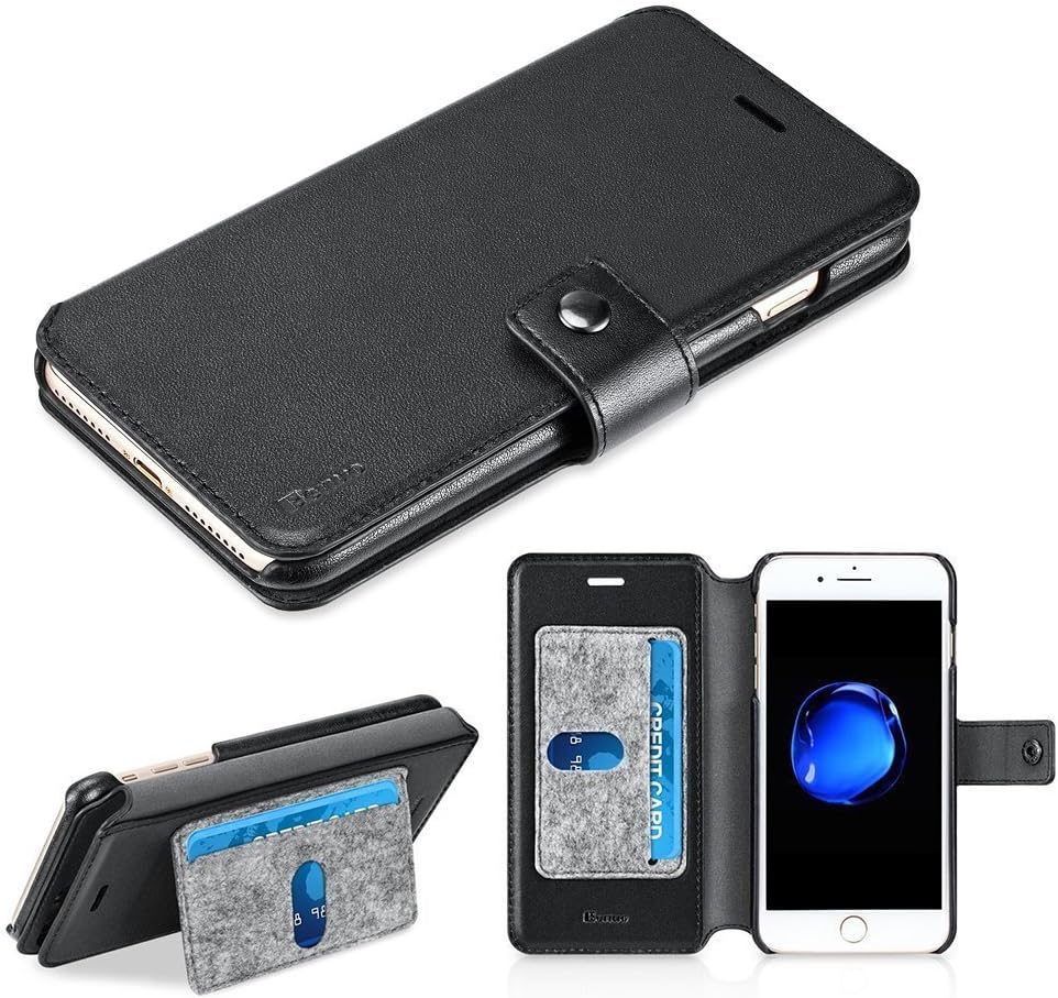 iPhone 8 Plus Case,iPhone 7 Plus Case, Benuo [Shield Series] Folio Flip Genuine Leather Case，Ultra Protective,Snap Closure with Built-in Stand, Card Holder, Cash Pocket for Apple iPhone 8 Plus (Black)