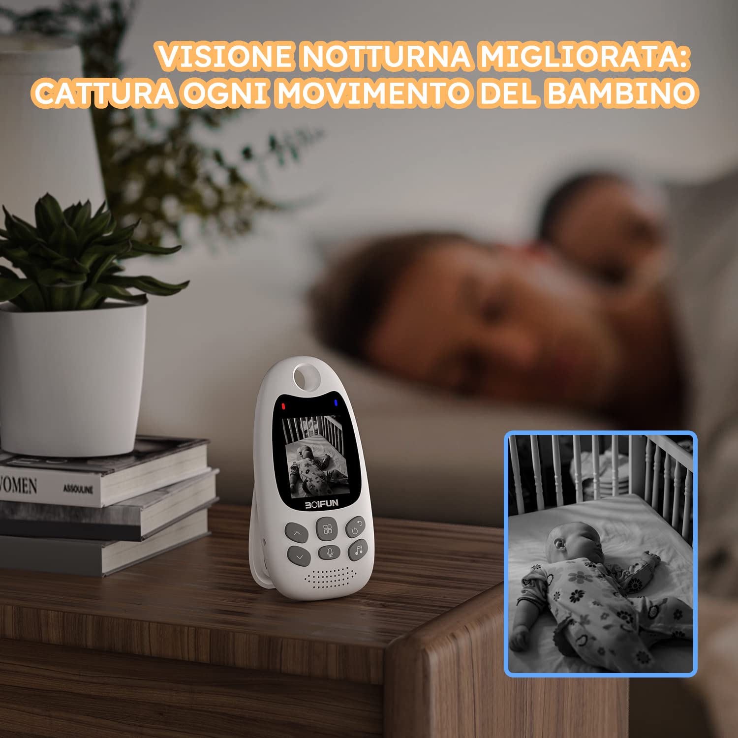 BOIFUN Baby Monitor, Videocamera Schermo da 2 Pollici, 750mAh Batteria Ricaricabile, VOX Rilevamento Del Suono, Supporto Visione Notturna, 8 Ninne Nanne, per Bambino/Anziano