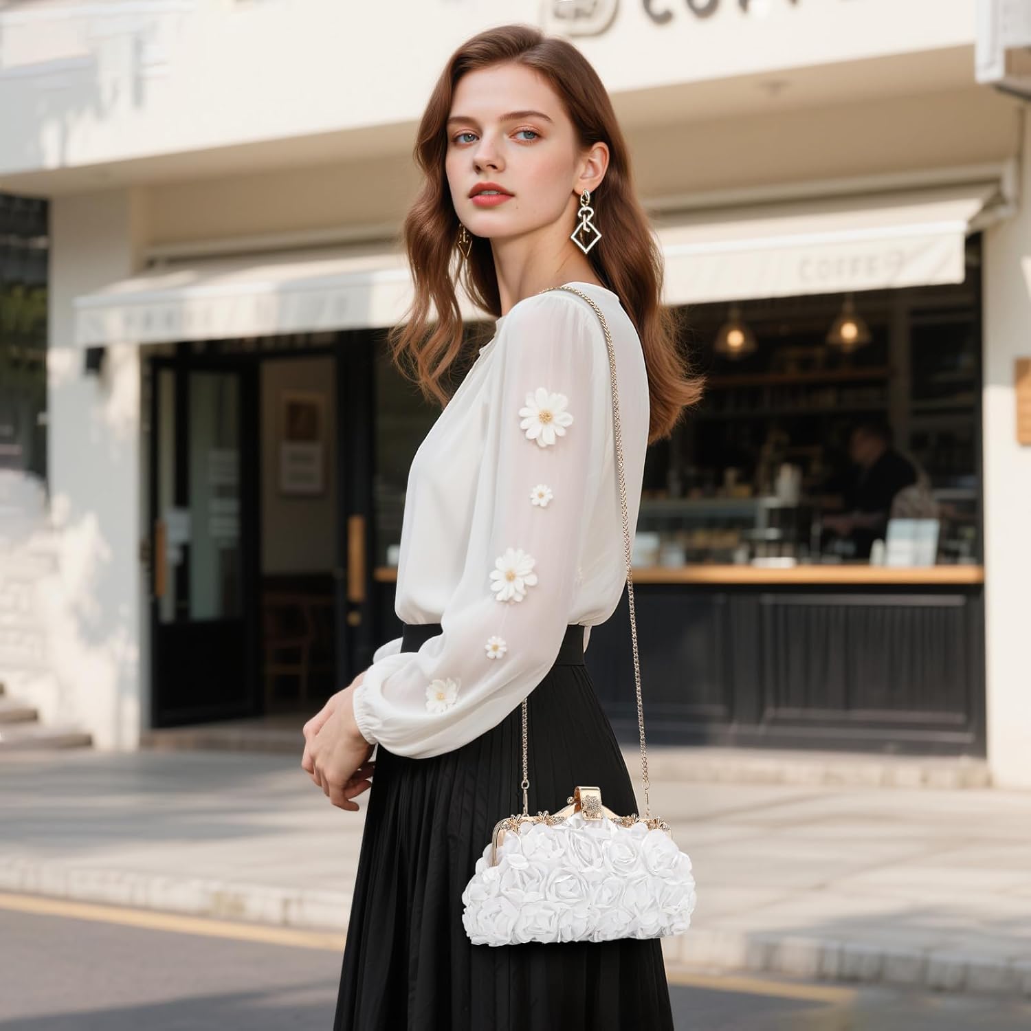 Floral Clutch Purse for Women, Vintage Flower Evening Handbag Chain Strap Shoulder Bag for Wedding, Prom, Cocktail Party - Image 2