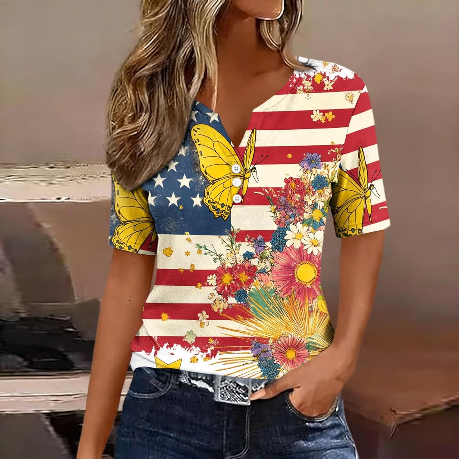 4th of July Outfits for Women Button V Neck American 250 Falg Graphic Henley Shirts Memorial Day Short Sleeve Tshirt Tops