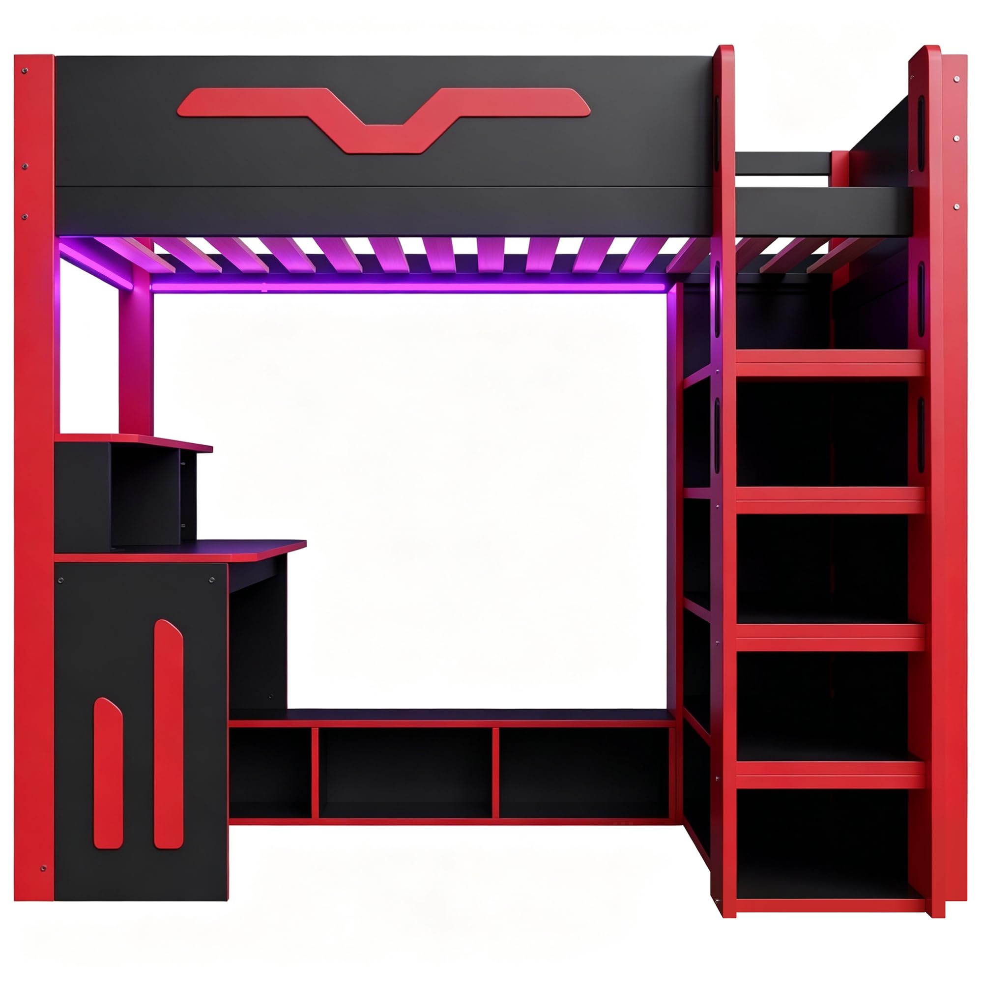 Wiuzo Letto a soppalco in legno da 90 x 200 cm, con scrivania, vano portaoggetti multilivello, illuminazione a LED e scala con vano portaoggetti, nero
