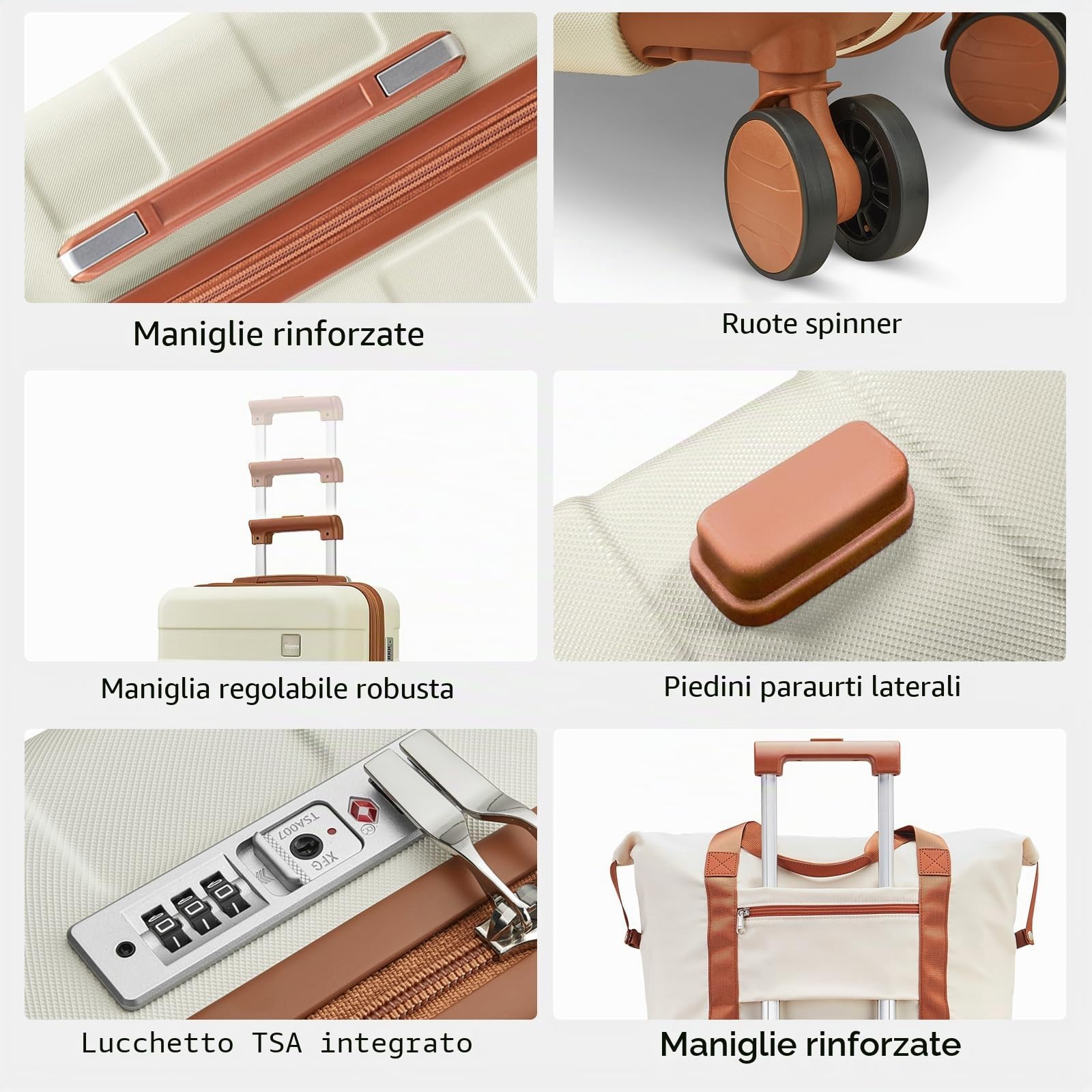 imiomo Set Valigie 5 pezzi guscio rigido ABS 4 ruote, serratura TSA, Bianco