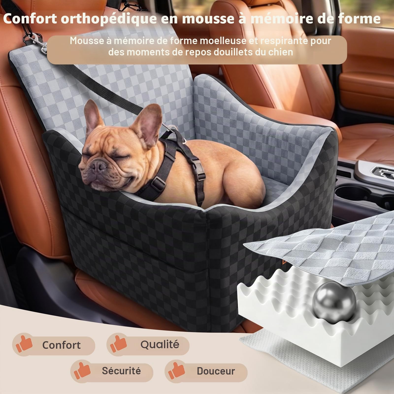 Siège Auto Chien, Extra Stable, pour Chiens de Petite à Moyenne Taille, Rembourrage en Mousse à mémoire de Forme,Housse Lavable,Coussin Double Face, pour siège arrière et siège Avant