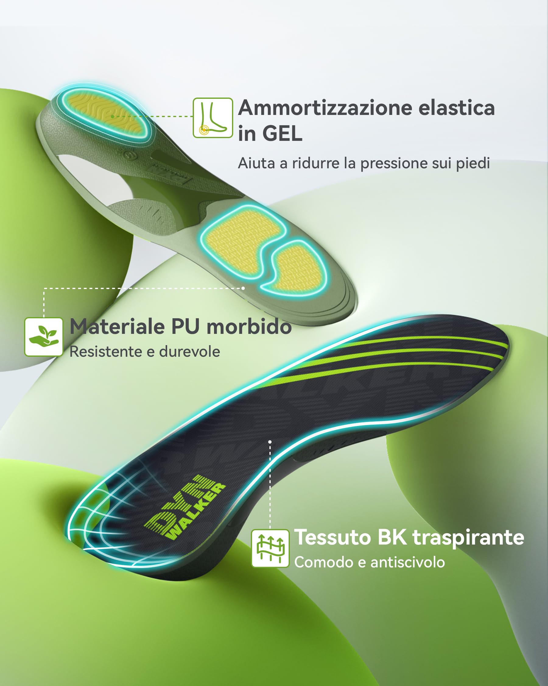 DynWalker Solette Ortopediche – Doppia Ammortizzazione GEL con Struttura di Supporto Stabile in TPU – per Piede Piatto, Arco Alto e Fascite Plantare，per Uomo e Donna，L
