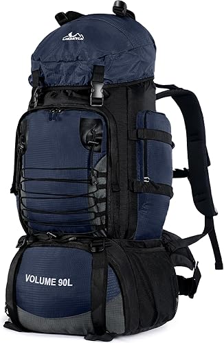 Mochila de senderismo de 90 L, mochila de viaje para campamento con cubierta para lluvia, mochila de viaje ligera para escalar, acampar, turismo